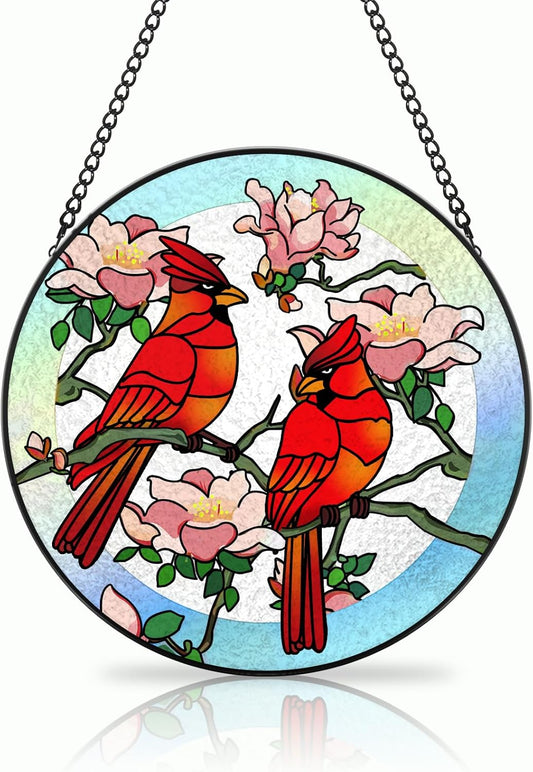 Stained Glass Window Hanging, Cardinals Suncatcher with Hook, Window, 