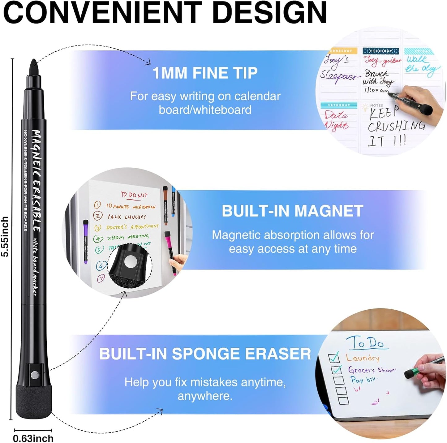 Magnetic Dry Erase Markers Fine: 12 Colors Erasable Whiteboard Markers