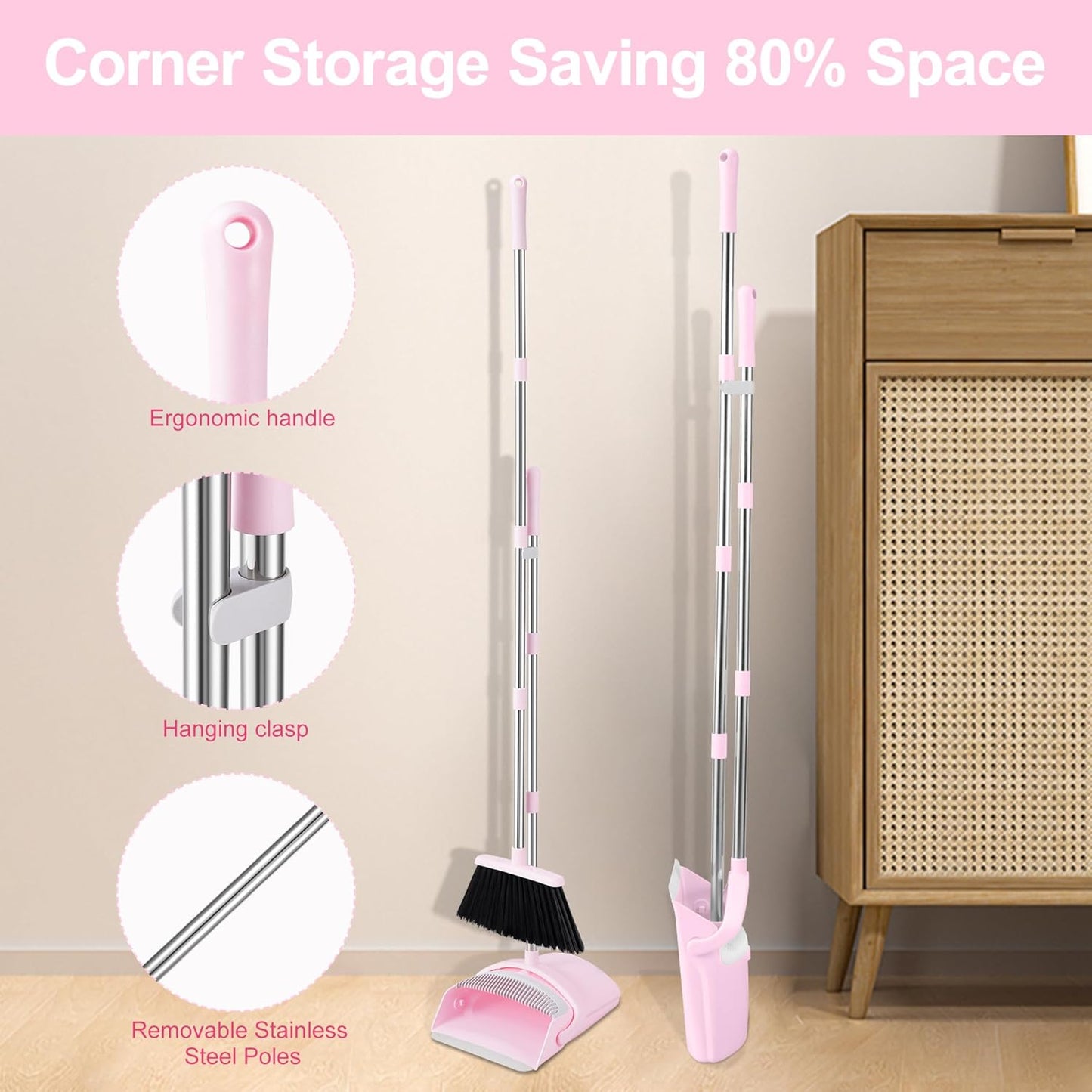 Pink Broom and Dustpan Set, 52” Long Adjustable Handle Broom with Dustpan Combo Set with Dust Pan Teeth to Clean Hair for Home Lobby Office