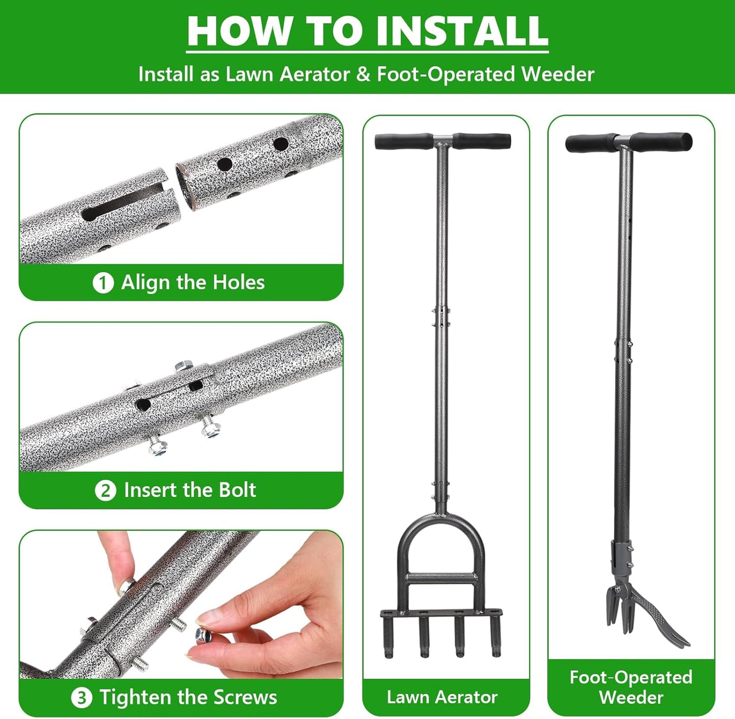 2-in-1 Lawn Aerator Tool - Adjustable Height with 4 Hollow Aeration Ti