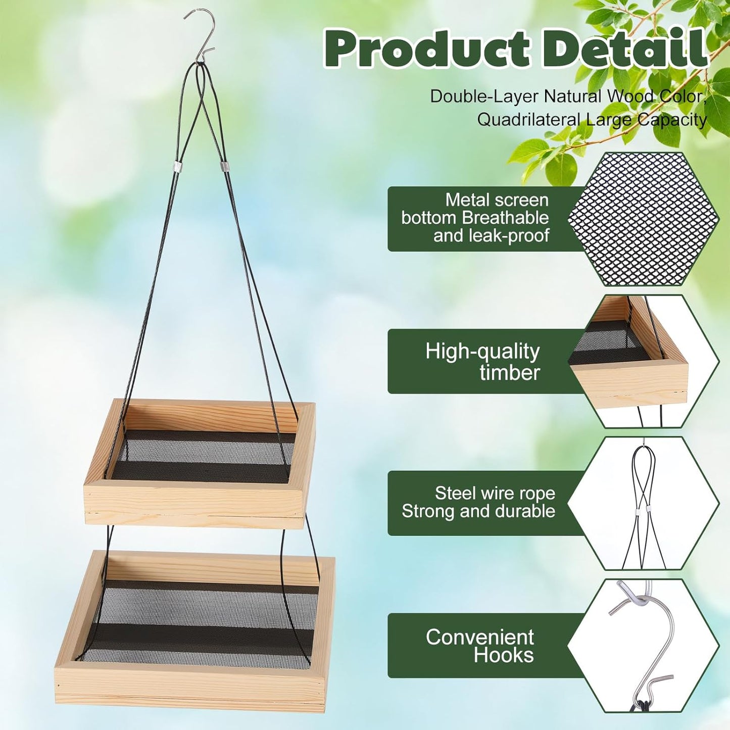 2 Pack 2 Tier Large Platform Bird Feeders for Outdoors, 10 Lbs Capacity in Total, Natural Wood Hanging Tray Bird Feeders for Garden Yard Outside Decoration Attracting for Wild Birds