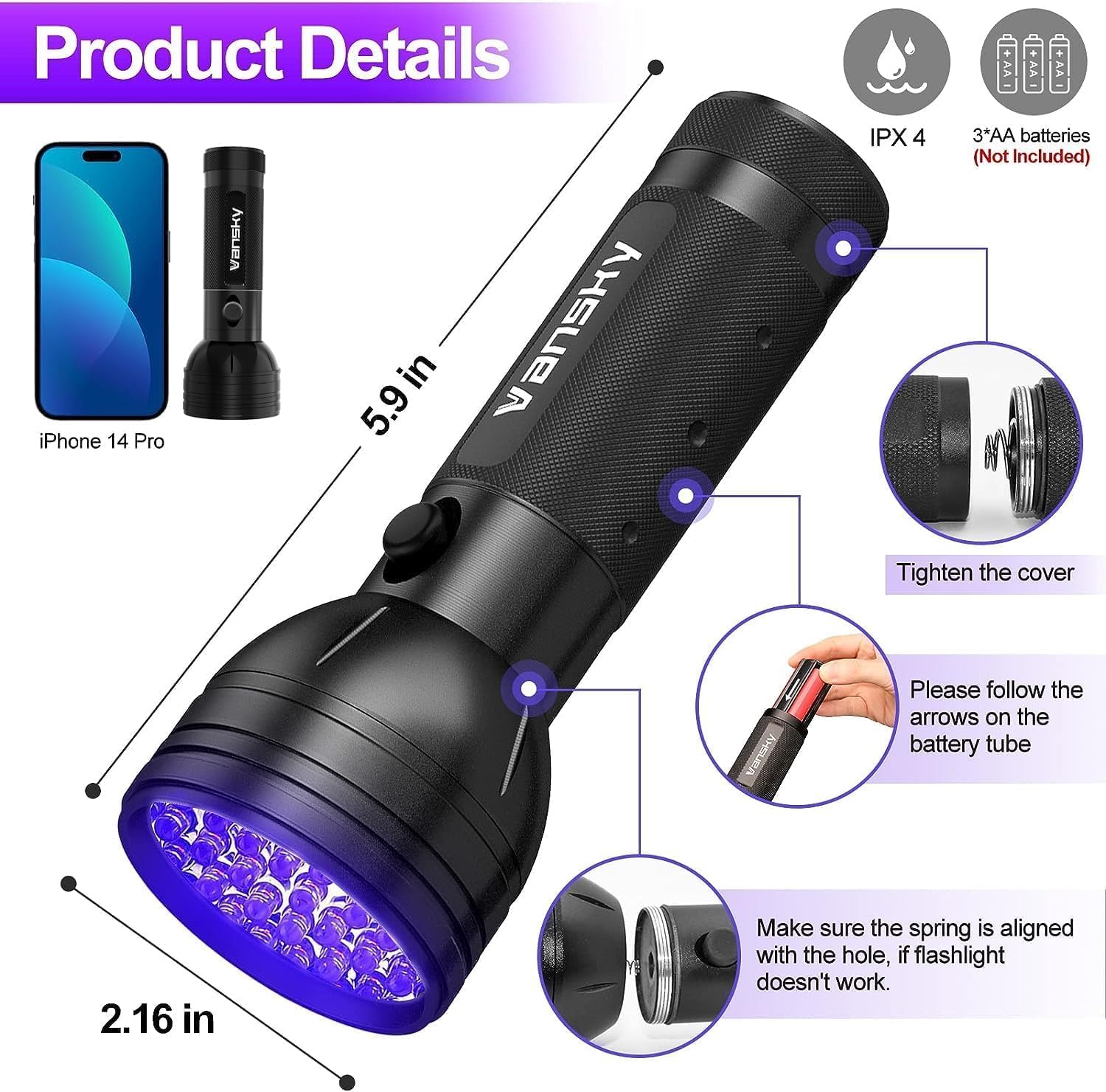 Vansky UV Flashlight Black Light, 51 LED Blacklight Pet Urine Detector