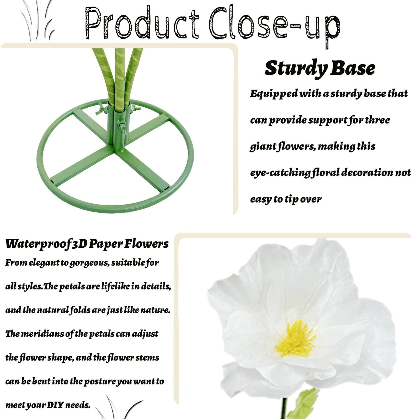 3Pcs Giant Artificial Flowers 3D Decorations Flower with Stand Base, Indoor Outdoor Art Home Decorative for Wedding Reception Arrangement Birthday Party Bridal Shower Baby Shower (White)