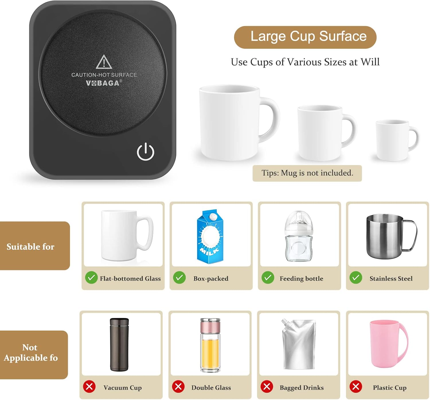VOBAGA Coffee Mug Warmer for Desk with Auto Shut Off & 3-Temp Settings