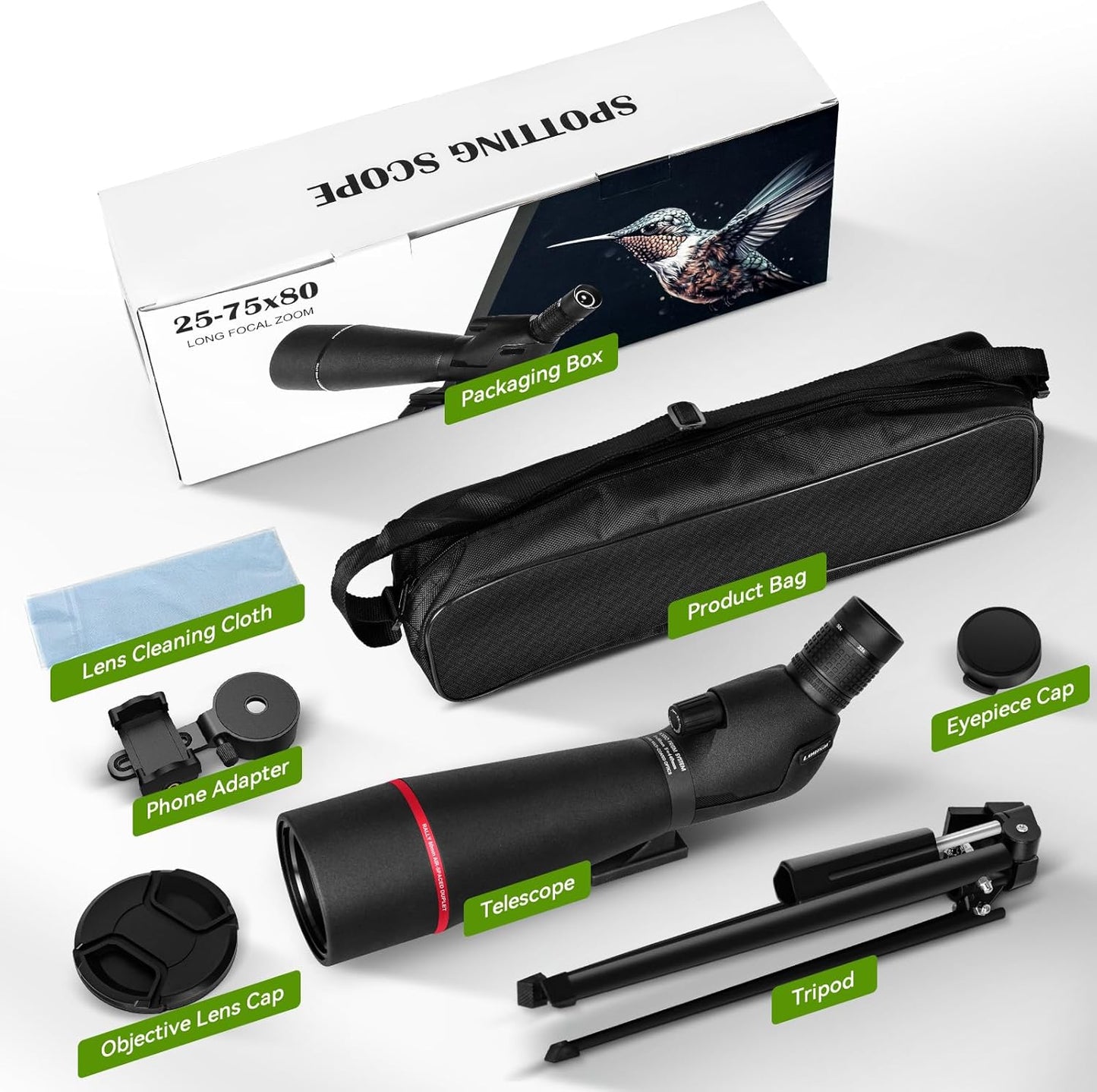 25–75x80 HD Spotting Scope for Bird Watching & Target Shooting, BAK4 Prism Angled Spotter Scope with Tripod & iPhone Adapter, Waterproof Fogproof Birding Scope for Hunting & Wildlife Viewing