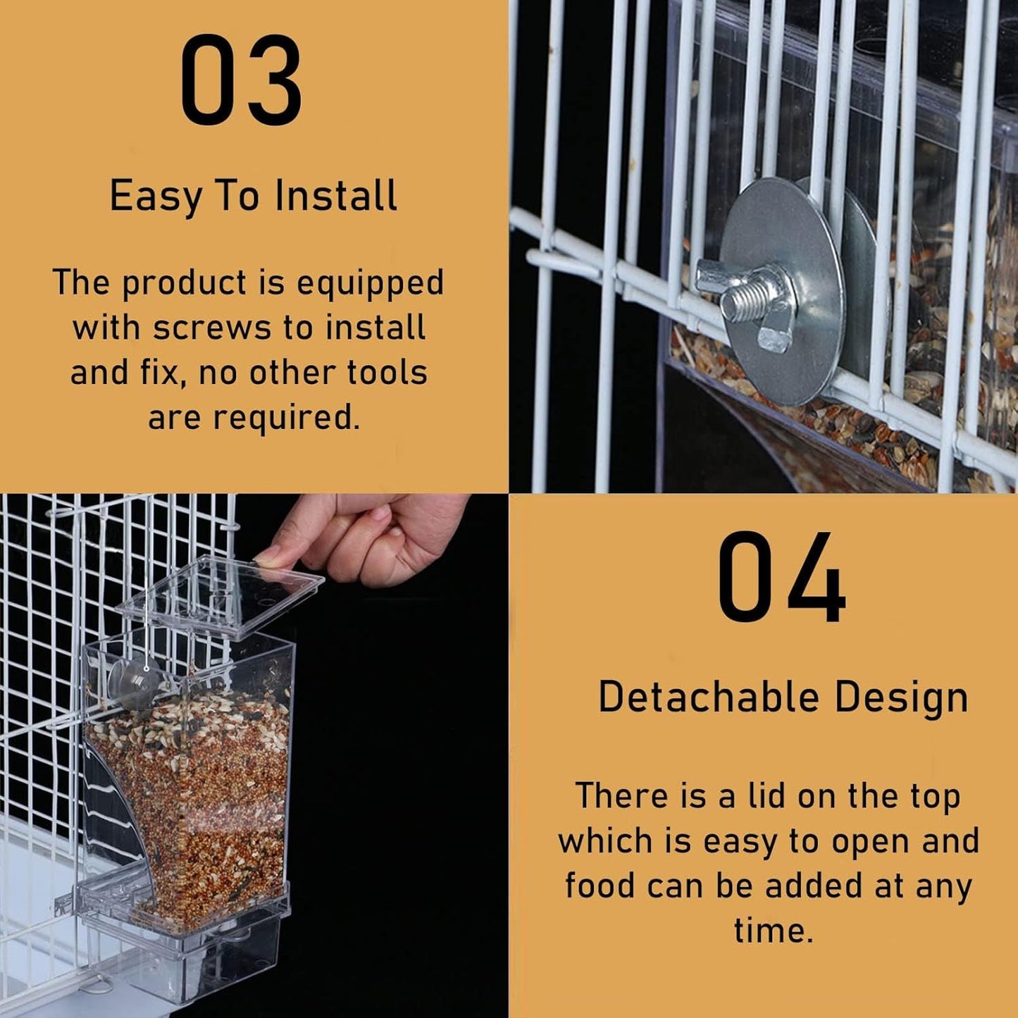 Automatic Bird Feeder for Cage No Mess Parakeet Feeder Seed Food Container Feeding Station Cage Accessories for Small Birds Parrot Canary Lovebirds(Transparent)