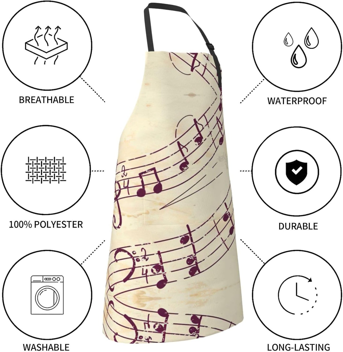 Musical Note Floral Print Laundry apron 28x33 In Waterproof Kitchen Apron with Pockets for Cooking Baking
