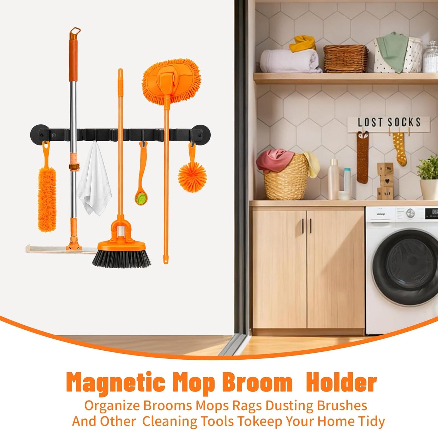 Magnetic Broom Holder Wall Mount with 4 Hooks and 3 Rack- Heavy Duty Non-Slip Mop Hanger for Wet Mops &Cleaning Tools on Refrigerator,Metal Door,Garage,Kitchen (3Racks 4Hooks)