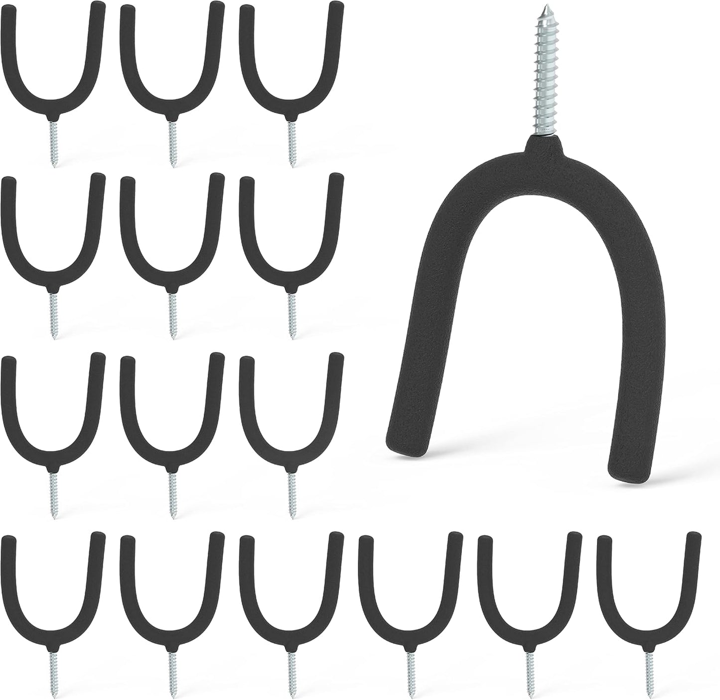 HUHOLE 16 Pack Screw in U Hook Value Set Multi-Purpose Wall Organizers Vinyl Coated Steel Utility Hangers U Hooks for Hanging Garden Tools Mops Brooms and Home Items Black