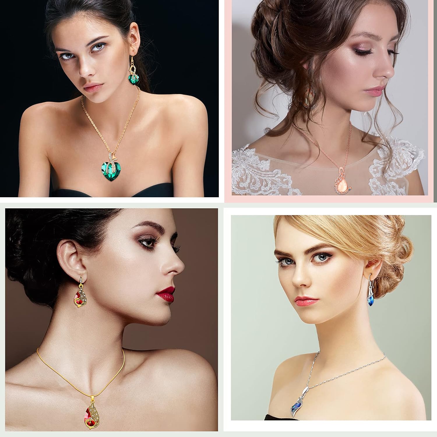 MTLEE 4 Set Peacock Jewelry Sets for Women Crystal Necklace Earrings R