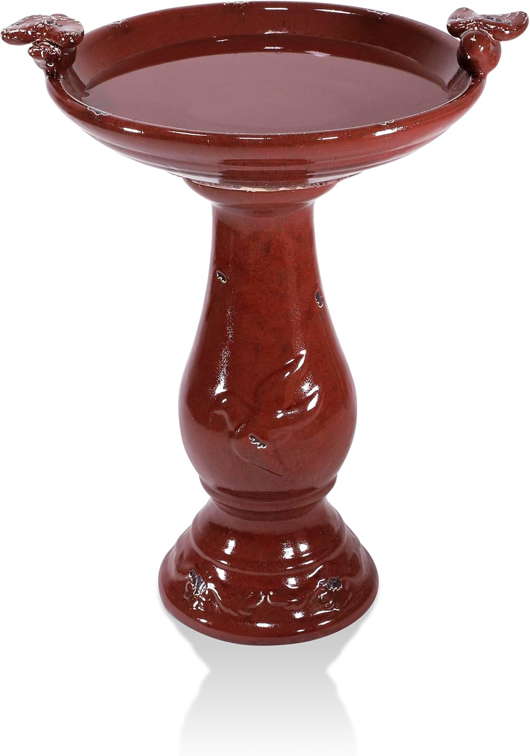 Alpine Corporation 25" Tall Outdoor Antique Ceramic Birdbath with 2 Bird Figurines - Vintage Style Garden Bird Bath Bowl for Patio, Yard, Lawn Decor, Red