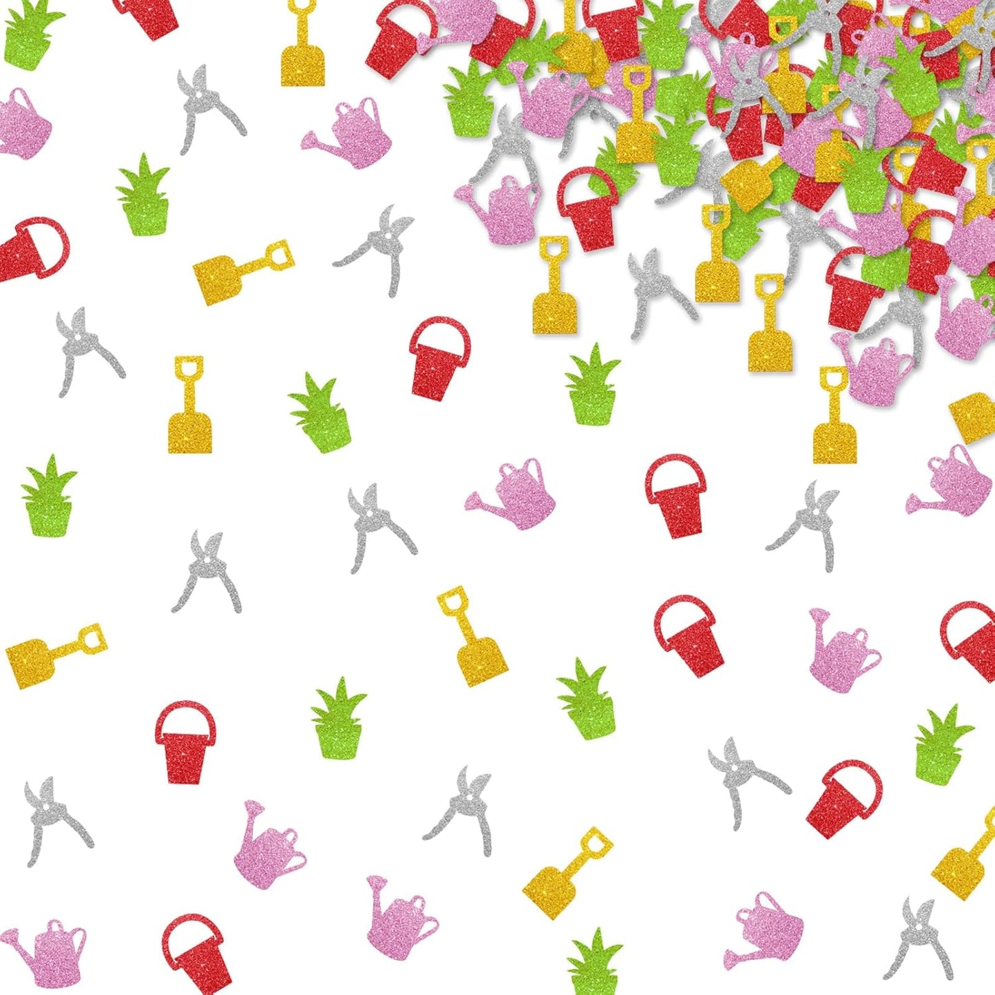 150pcs Gardening Confetti, Garden Tool Table Confetti, Green&Pink Glitter Shovel Watering Can Plants Paper Scatter, Plant Lover Birthday/Retirement Party Decoration