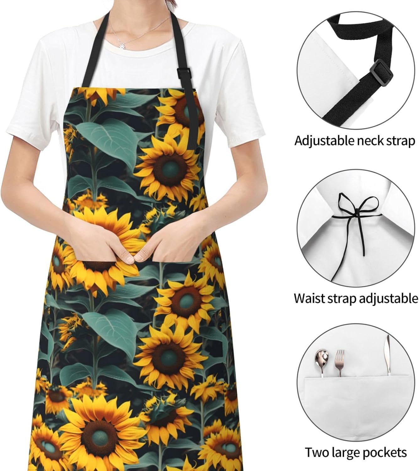 YANYU Wild Flower Sunflowers Print 28x33 In Kitchen Apron Stylish Chef Apron with Pockets for Cooking Baking Painting