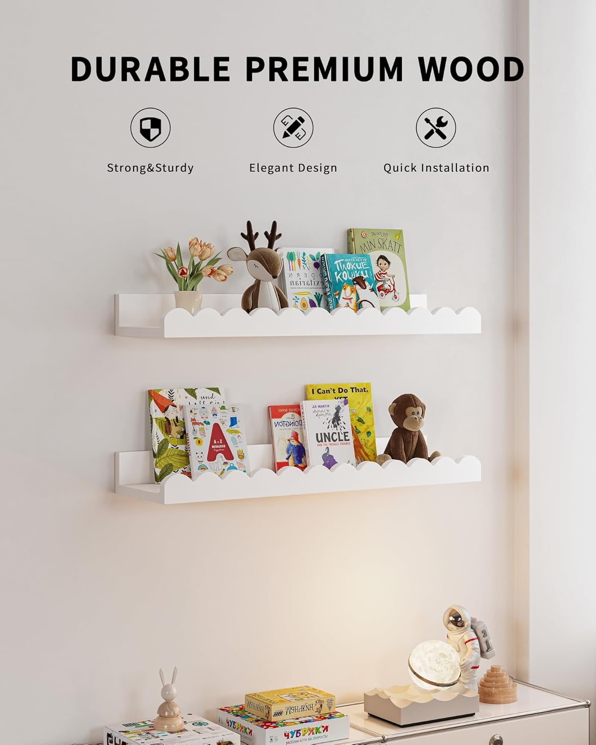 Shario Nursery Book Shelves, 4-Pack White Floating Shelves for Wall Ki