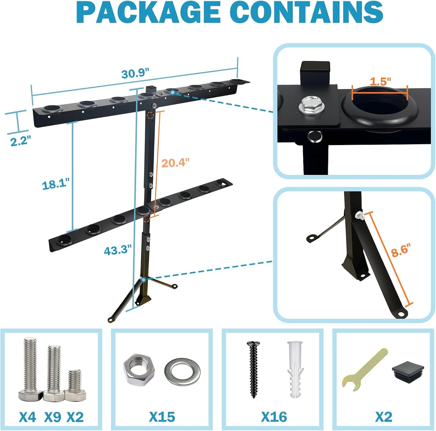 8 Tool Holes Trailer Tool Rack w/Rear Support | Thickened Base Heavy D