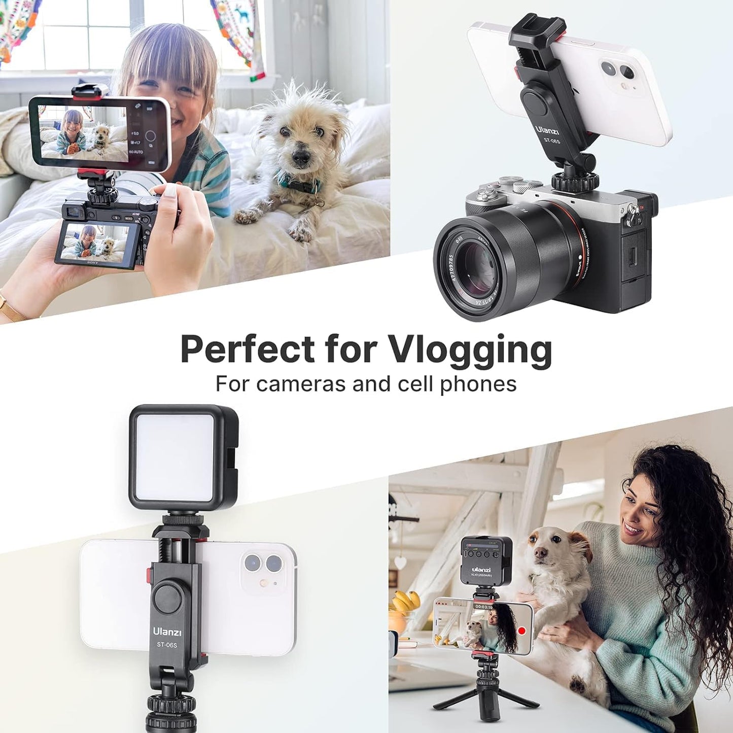 ULANZI Phone Tripod Mount ST-06S, Universal Smartphone Mount Adapter with 2 Cold Shoe, 360° Rotates Adjustable Cell Phone Clip Clamp Holder, Compatible with iPhone17/16/15, Samsung Galaxy Smartphones