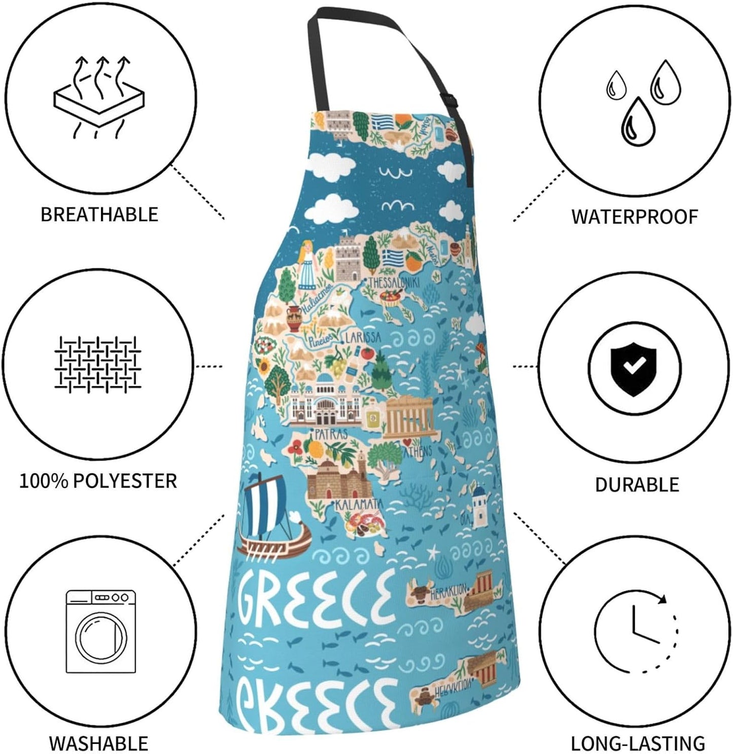 Greece Map print Waterproof apron with pocket adjustable cooking apron for adult kitchen bibs to bake