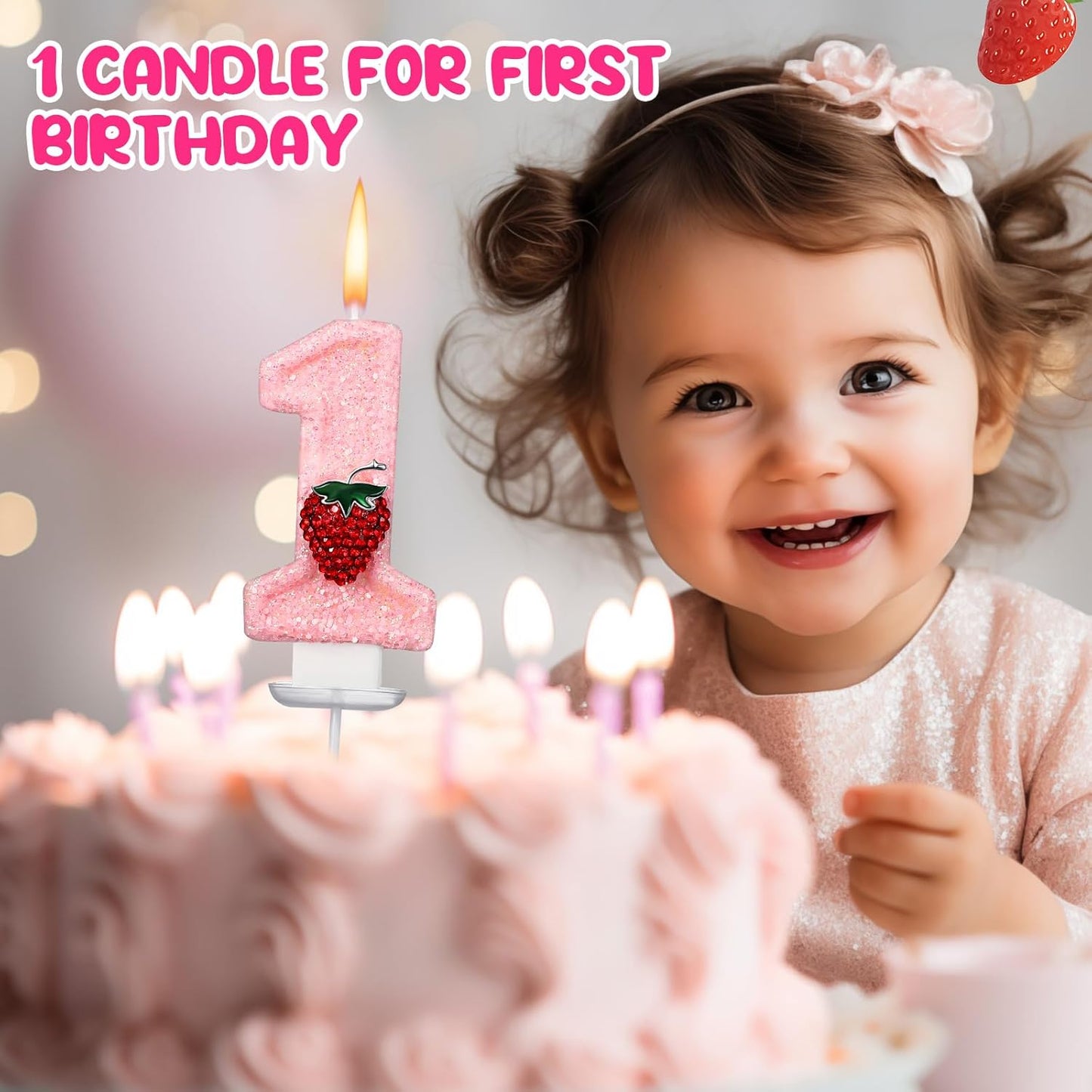Strawberry 1 Candle for First Birthday Pink Number 1 Candle Berry One Glitter Cake Topper for Strawberry 1st Birthday Party Supplies Anniversary Decorations