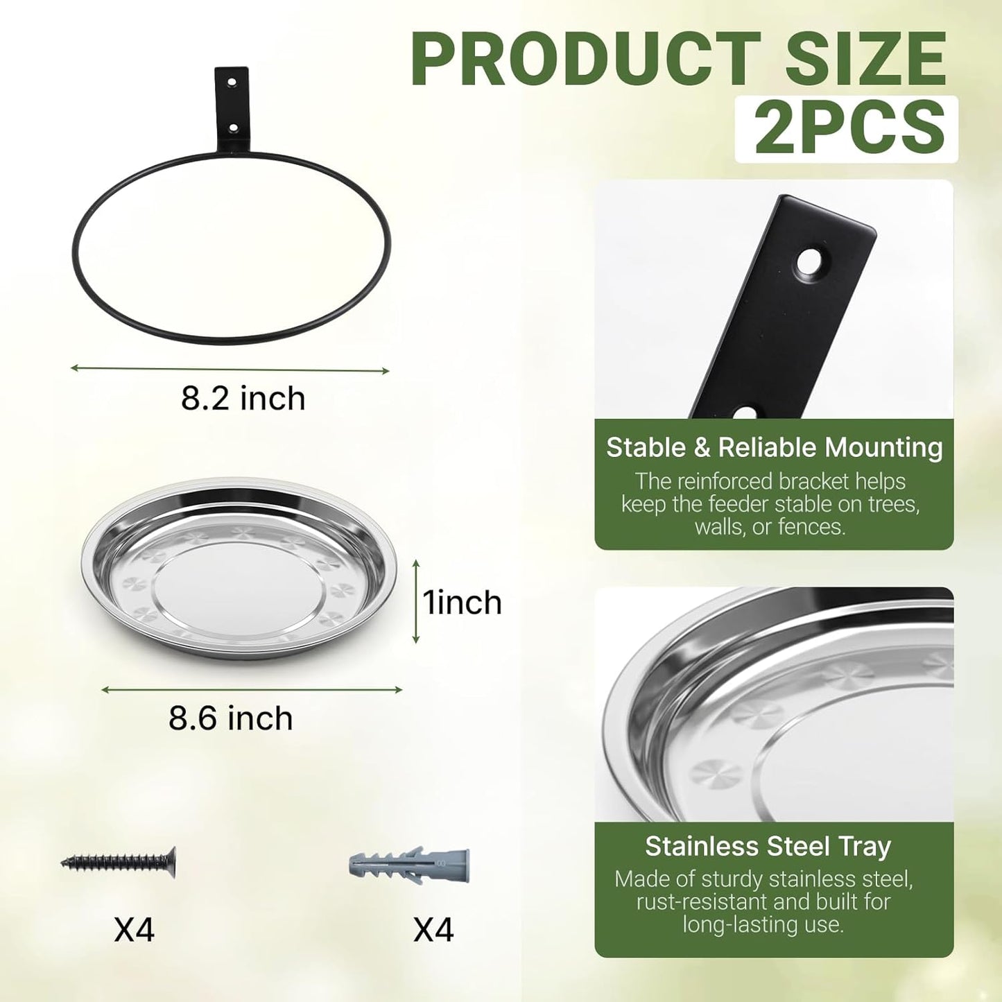2 Pack Bird Feeder Tree Mount, 8.6 Inch Stainless Steel Fence Crow feeders for Outside with Metal Holder, Wild Bird Bath Tray for Outdoor Garden