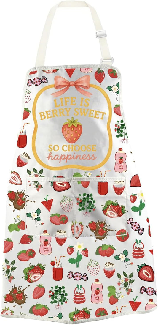 WCGXKO Life Is Berry Sweet So Choose Happiness Strawberry Summer Kitchen Apron Fruit Positive Gift Mental Health Matters Gift