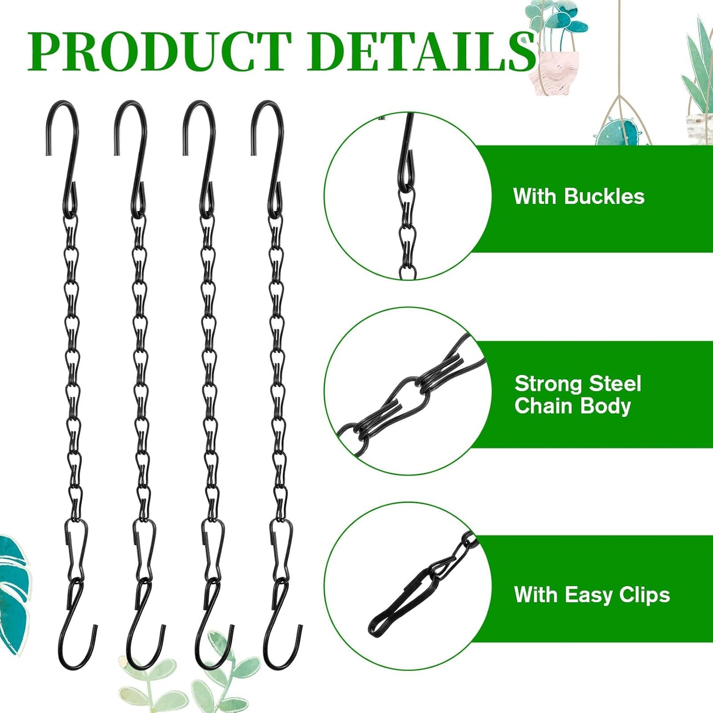 4 Pcs Hanging Chains with Hooks, 10 Inch Small Chain for Hanging Plants, Black Adjustable Plant Chains with Hooks for Baskets, Bird Feeder, Birdbaths, Planters