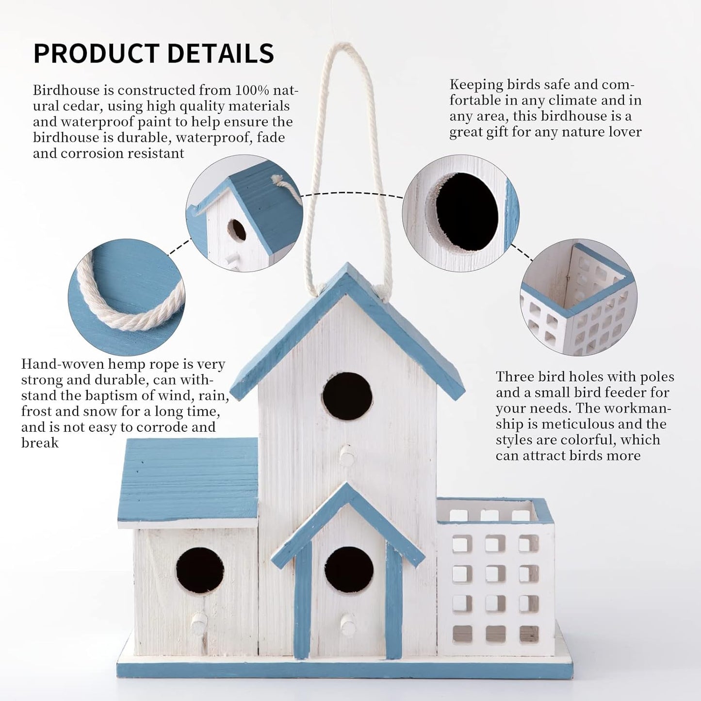 Birdhouse Premium Bluebird Houses for Outside Attract Beautiful Birds to Your Garden and Yard Durable Outdoor Birdhouses 3 Hole Bird Houses for Outside Hanging