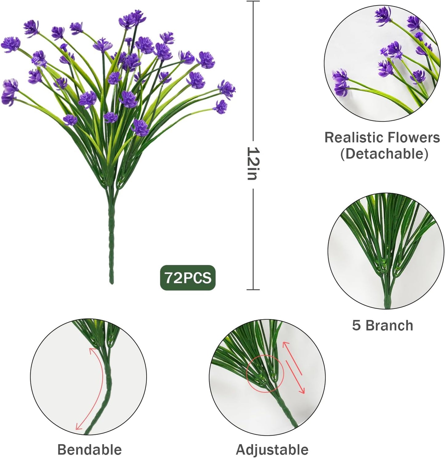 Artificial Flowers Outdoor, 72 Bundles UV Resistant Faux Outdoor Flowers, Plastic Fake Plants Shrubs Greenery for Outside Planters Hanging Pot Front Porch Decor(Purple)