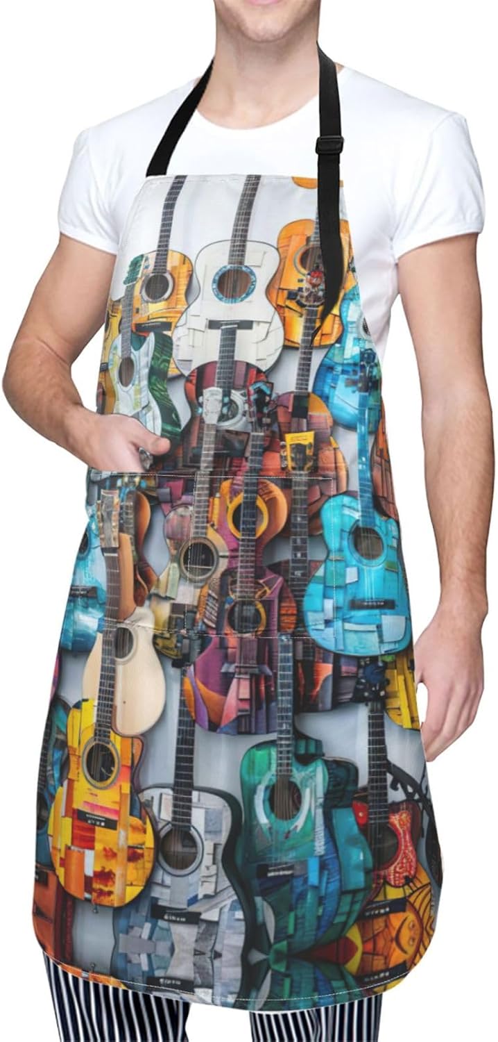 Color Acoustic and Guitars print Waterproof chef's apron with pocket a