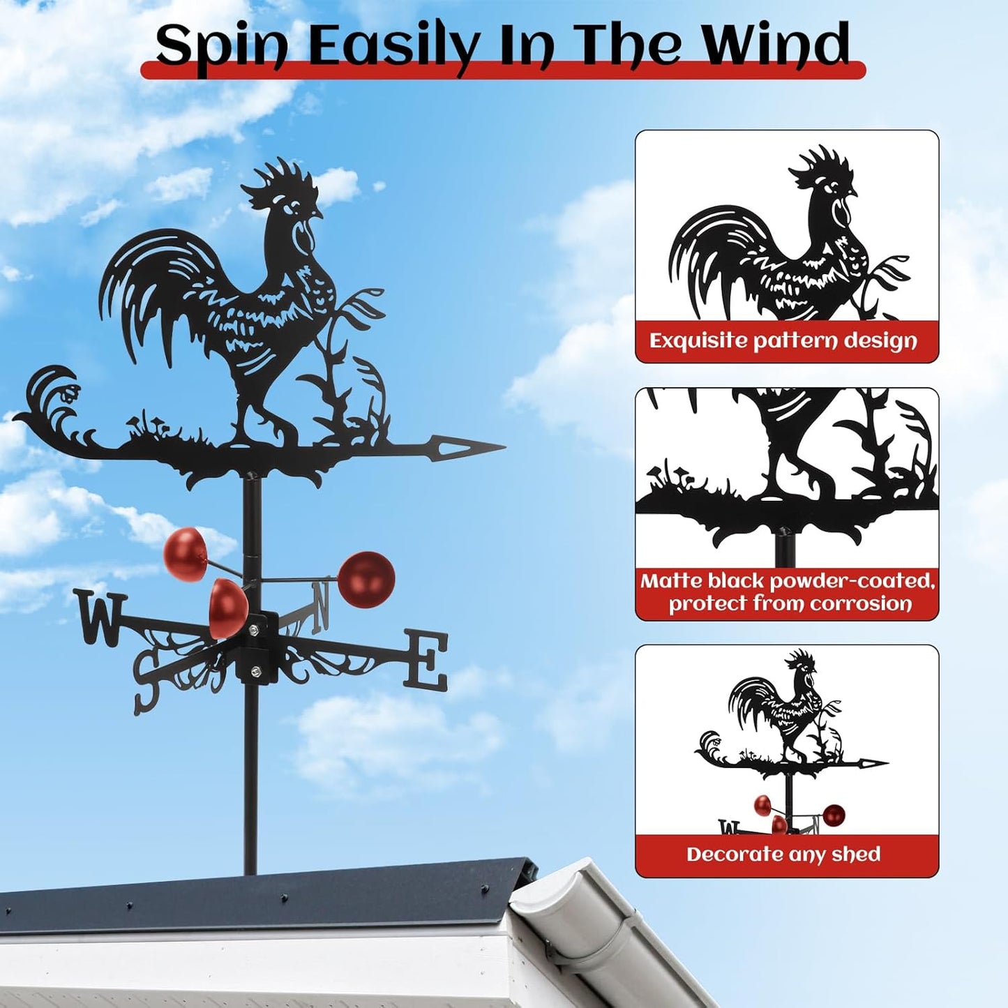 Rooster Weathervane Roof Mount, Rust-Resistant & Durable Metal Wind Direction Indicators, Decor Weather Vane for Yard, Outside, Garden, Shed, Farmhouse & Chicken Coop (Rooster)
