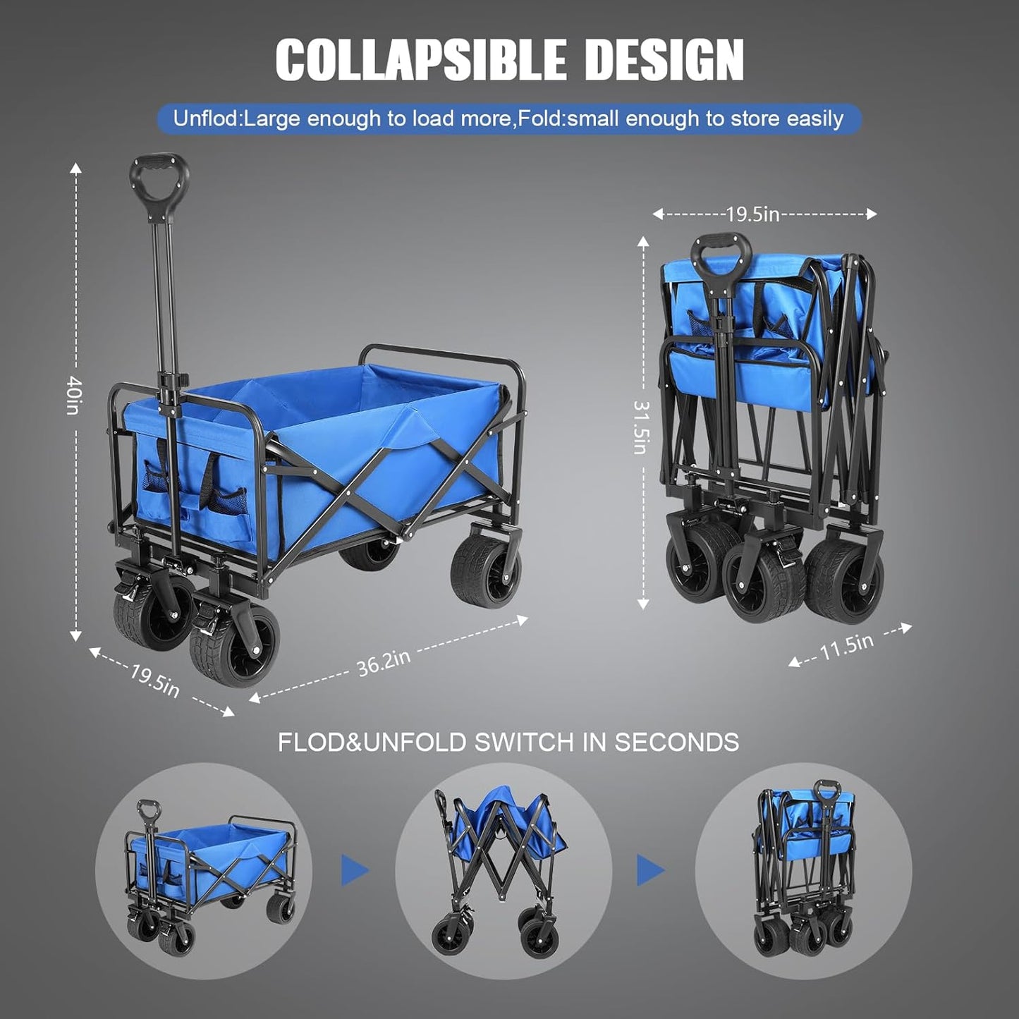 Collapsible Foldable Beach Wagon,Folding Wagon Cart with Big Wheels,Ut