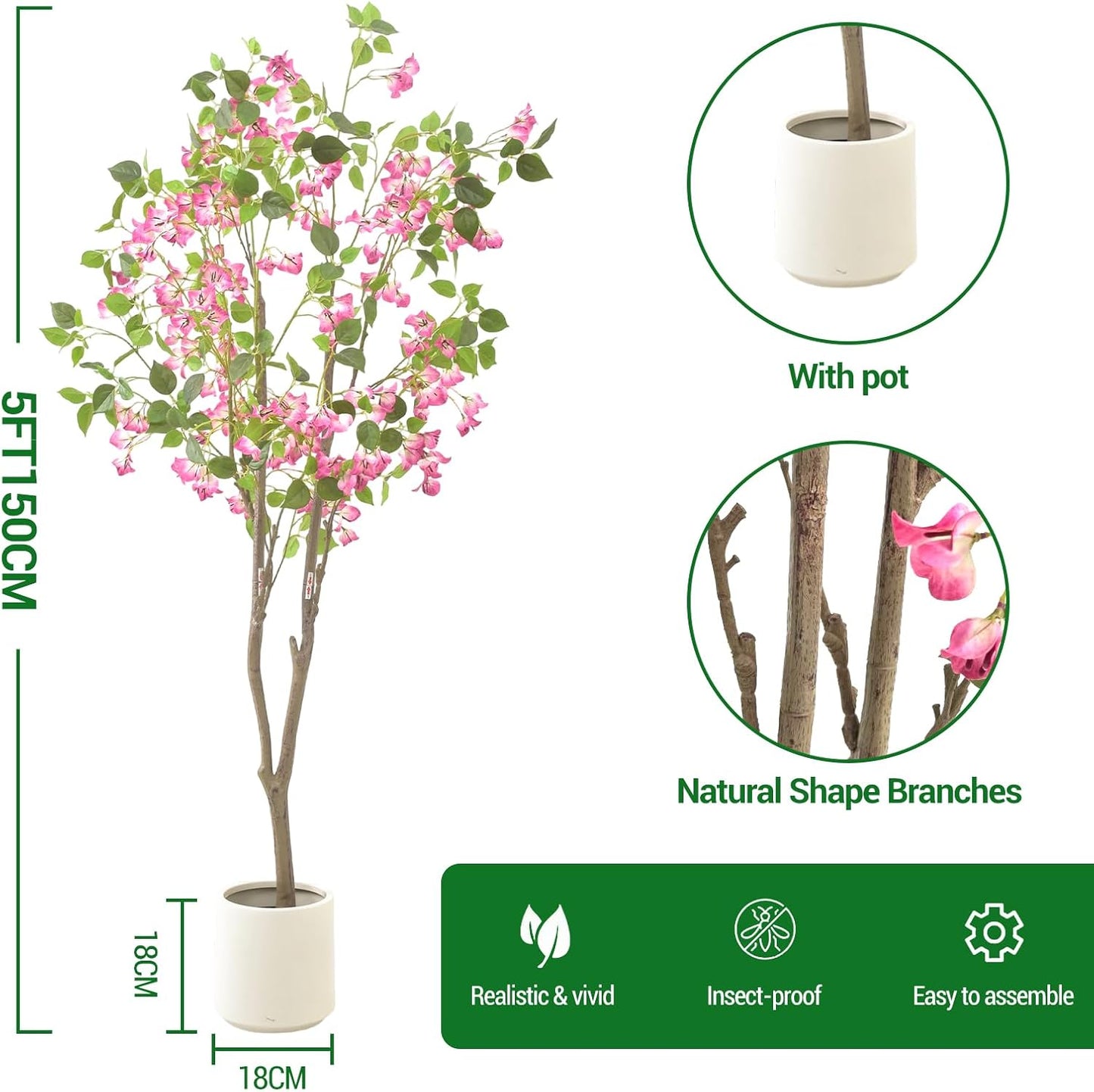 5Ft Artificial Trees Tall Fake Plant in White Planter Pot Faux Bougainvillea Faux Tree for Living Room Indoor Home Decor Front Porch Office Decor