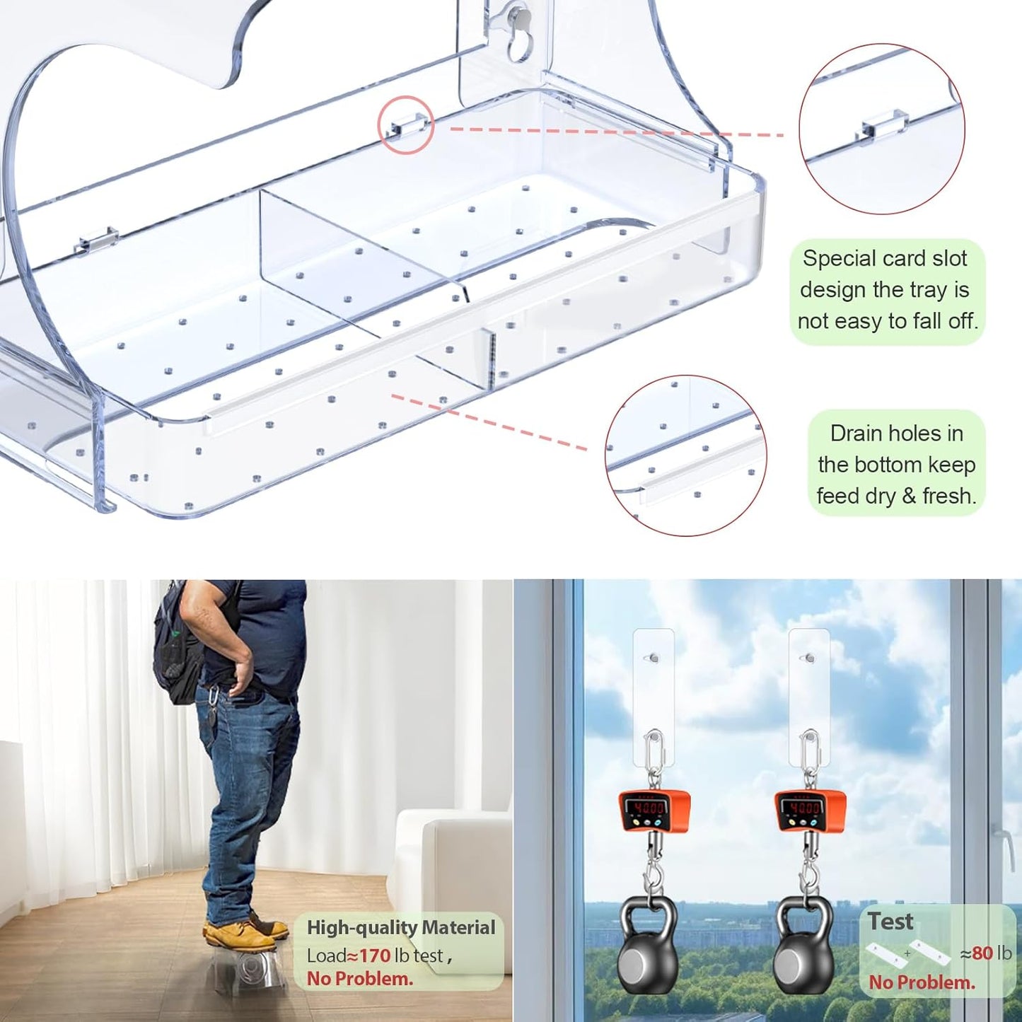 Goodeco Clear Window Bird Feeder - Outdoor Window Feeder with Bird Water Bowl & Strong Self-Adhesive Hooks for Outside Watchings - with a Brush, Easy to Clean, Ideal Gifts for Mom Parents