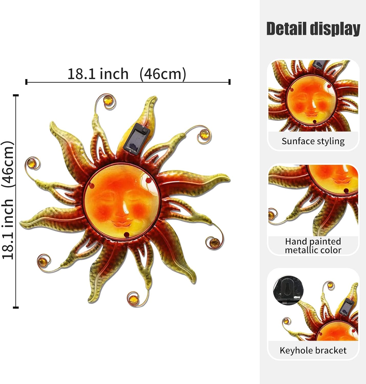18" Solar Sun Face Wall Art - Metal Sun Sculpture with LED Lights & Smiling Face, Outdoor Wall Hanging Decorations (Gold)