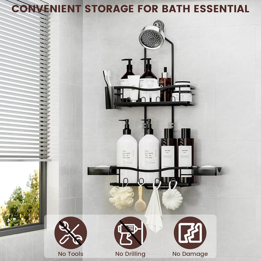 REINHARDT Shower Caddy Hanging, Rustproof Shower Caddy Anti-Swing Shower Organizer Over Showerhead No Drilling Shower Racks with Soap Holder Multi Hooks Bathroom Storage for Shampoo Sponge, Black