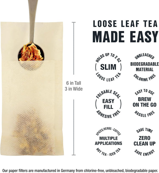 Tiesta Tea Loose Leaf Filters for Brewing, Disposable Infuser for Hot & Iced Drinks, Easy-Fill Steeper, Unbleached Paper, Single-Cup Infuser for Loose Leaves, 100 Empty Bags