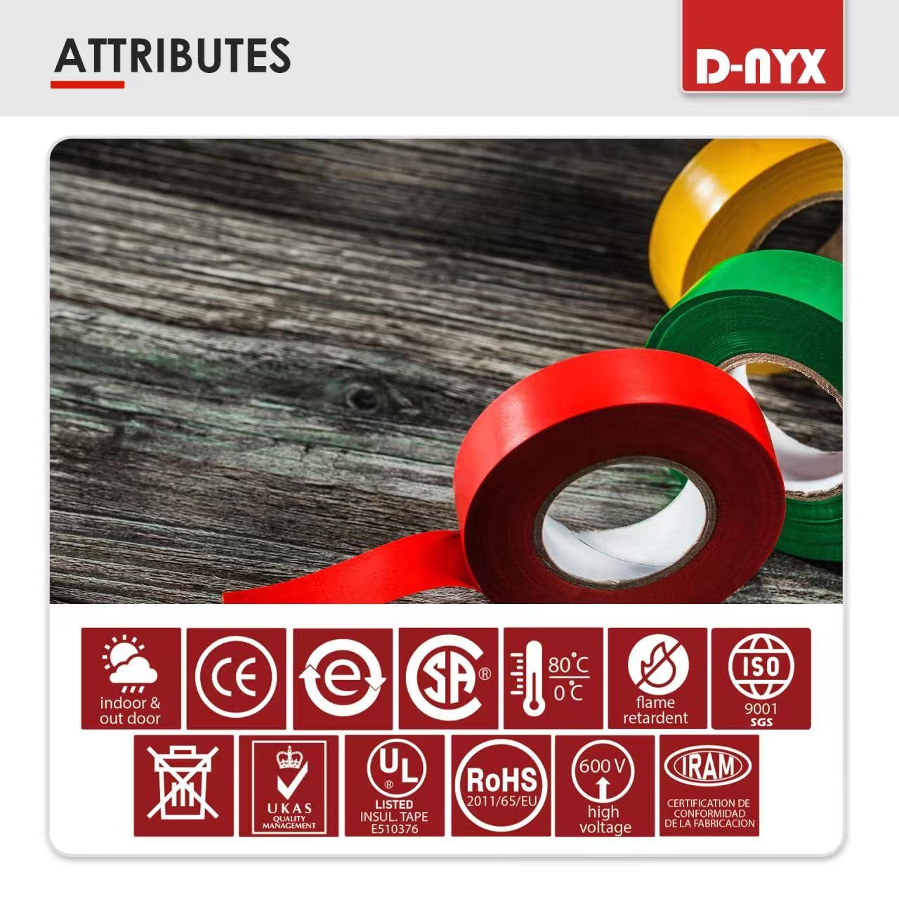 6 Pack Color Vinyl Electrical Tape, Waterproof Flame Heat & Weather Re