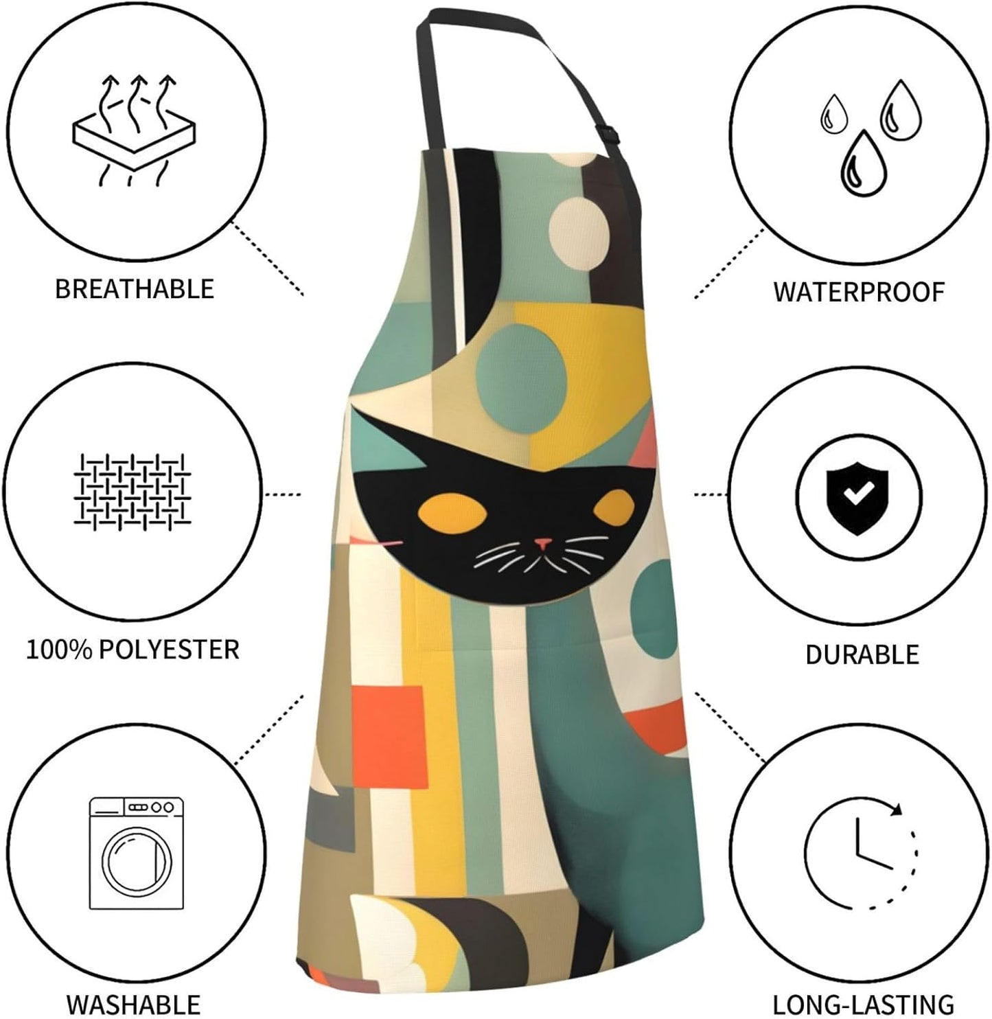 Mid-Century Modern Art Cat print Waterproof apron with pocket adjustab