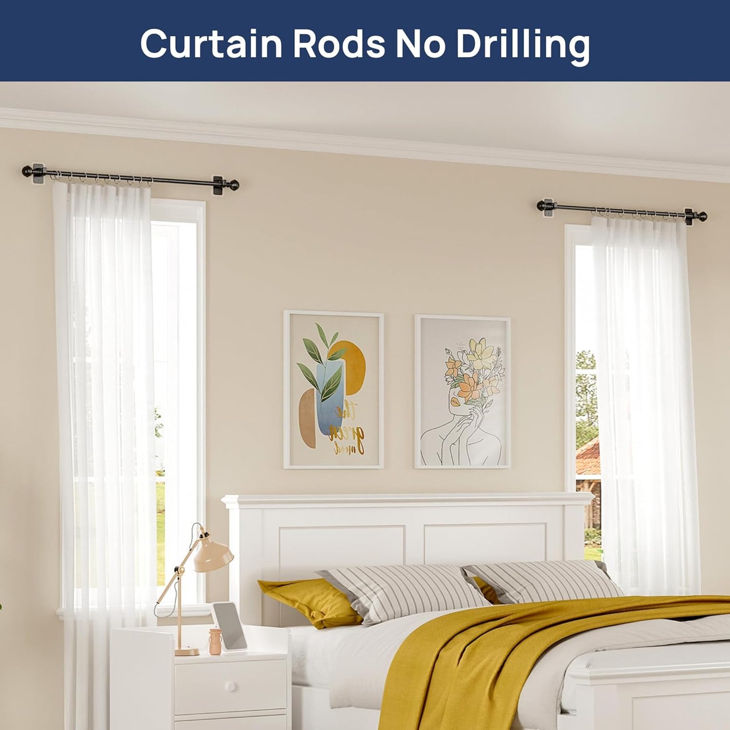 ENJOYBASICS 2 Pack No Drill Curtain Rods for Window 28 to 48 Inches, 5/8 Inch Diameter Renter Friendly Drapery Rod with Adhesive Brackets without Drilling, Adjustable from 27 to 52 Inches, Black