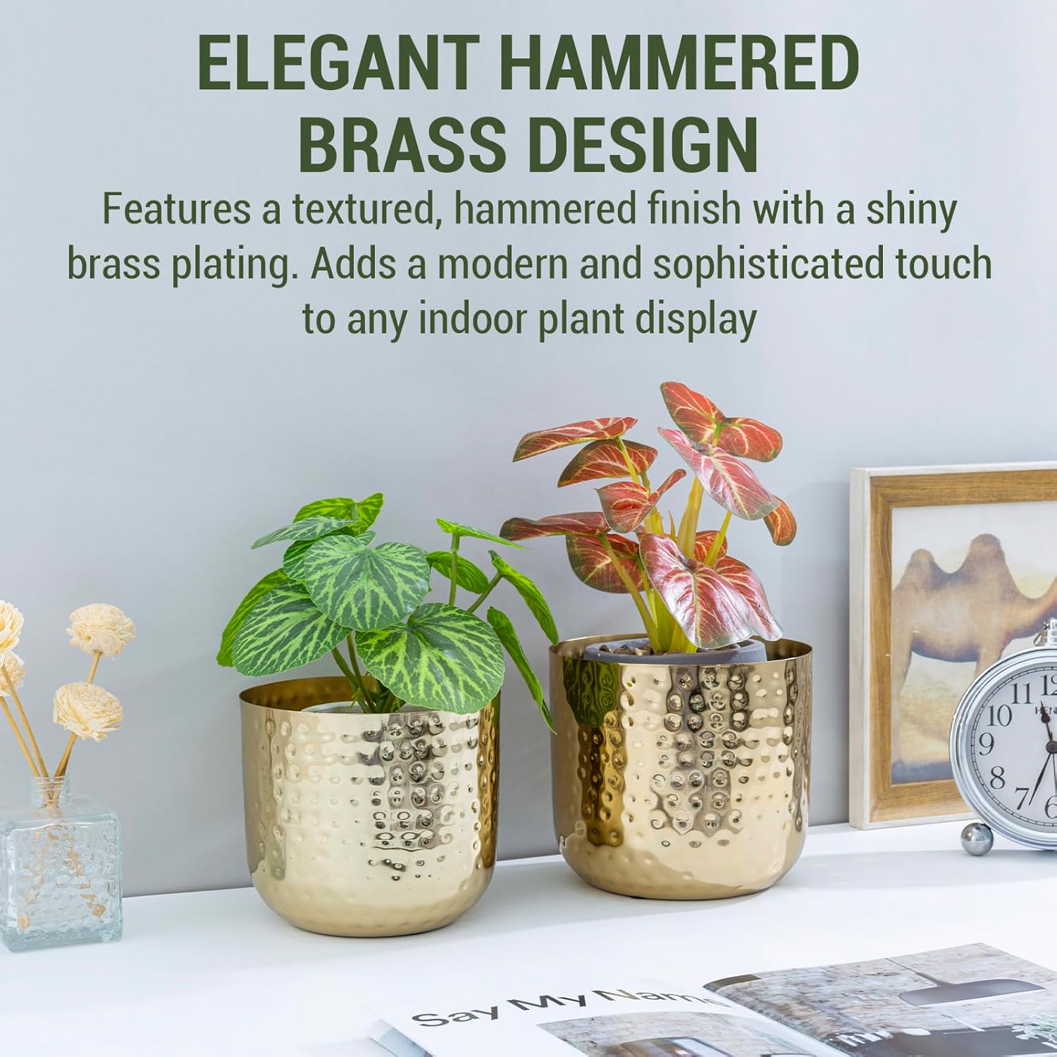 MyGift Modern Hammered Brass Plated Metal Planter Pots – Set of 2 Indo