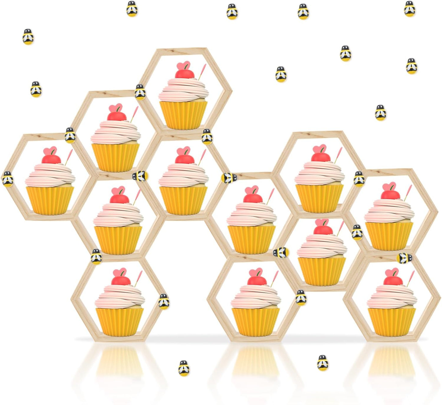 Yolev 12 Pcs Hexagon Honeycomb Cupcake Stand with 50 Tiny Wooden Bee Wooden Farmhouse Hexagon Cake Display Holder Floating Cake Stand Honeycomb Shelves for Bee Baby Shower Decorations