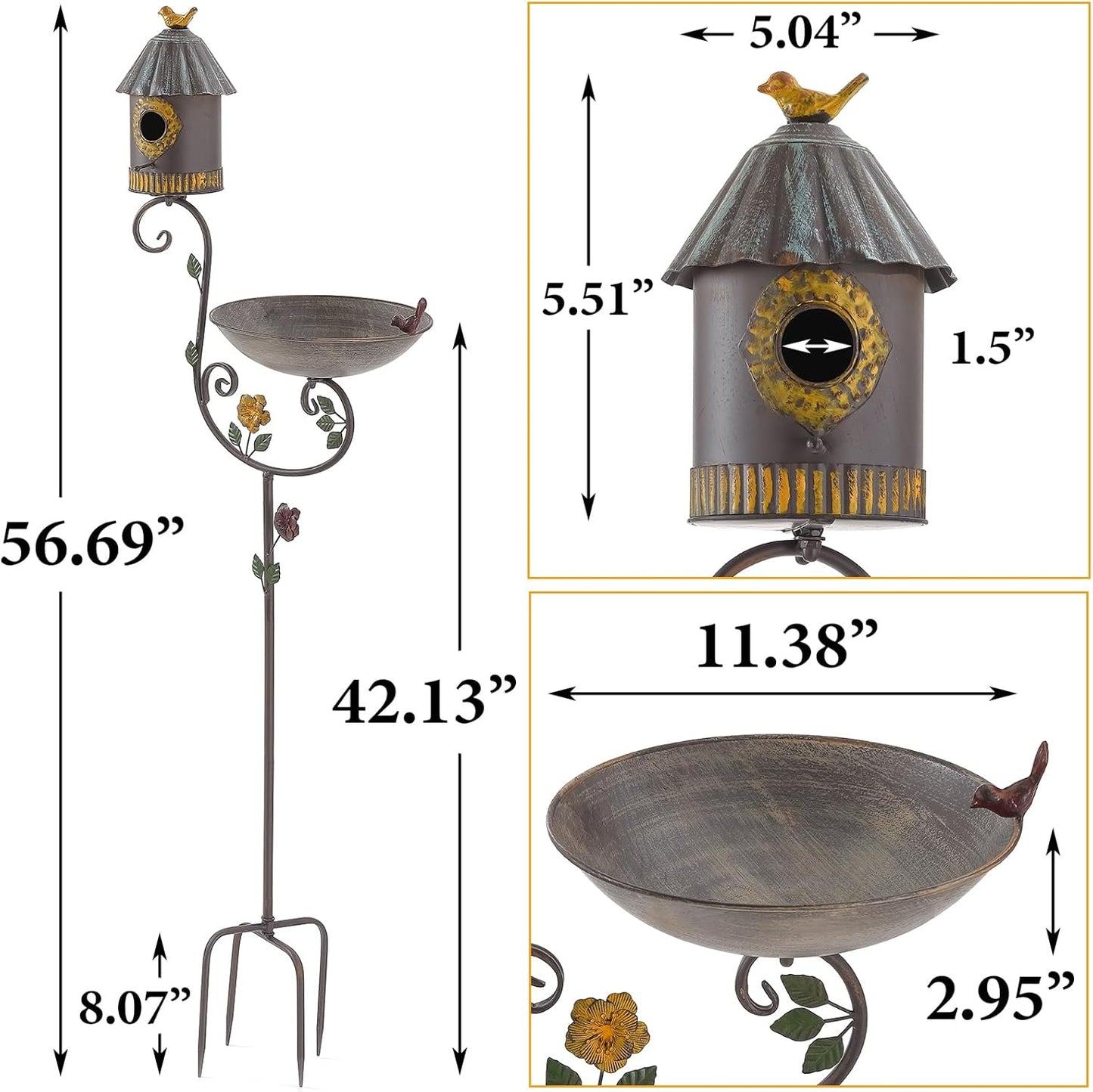 56" Tall Bird Baths for Outdoors, Metal Bird Bath and Birdhouse with Pole, Garden Bird Houses with Feeder on Stake, Standing Birdbath and Bird House for Outside, Outdoor Birdbaths with 4-Prong Base