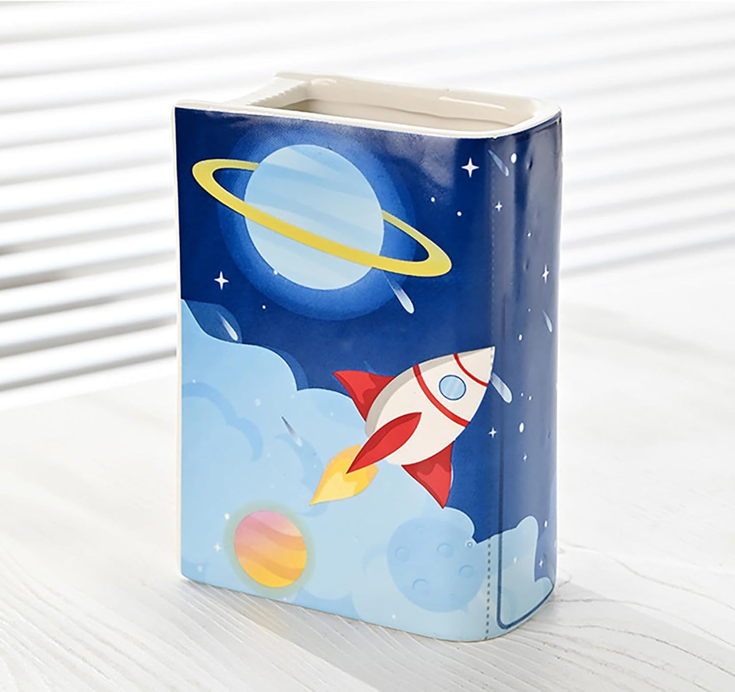 Ceramic Book Shaped Vase Cute Bookshelf Decor Star Astronauts Pot Planter Bookends Planter Simple Modern Flower Bud Vase Unique Vase for Book Lovers Gifts (A-1pcs, M)