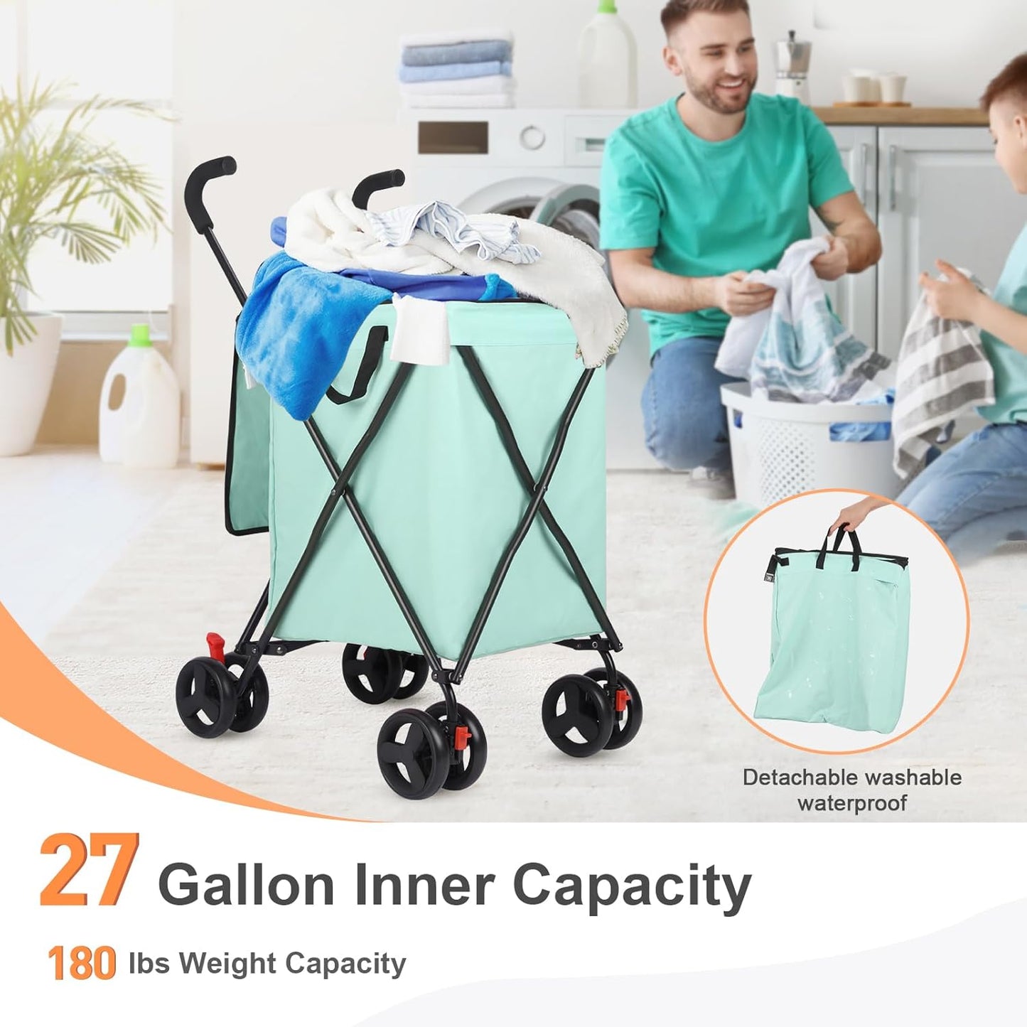 Folding Shopping Cart with Wheels, Rolling Foldable Grocery Cart for Seniors, Portable Collapsible Utility Cart for Shopping Groceries Laundry Stair Climbing Storage (Teal Blue)