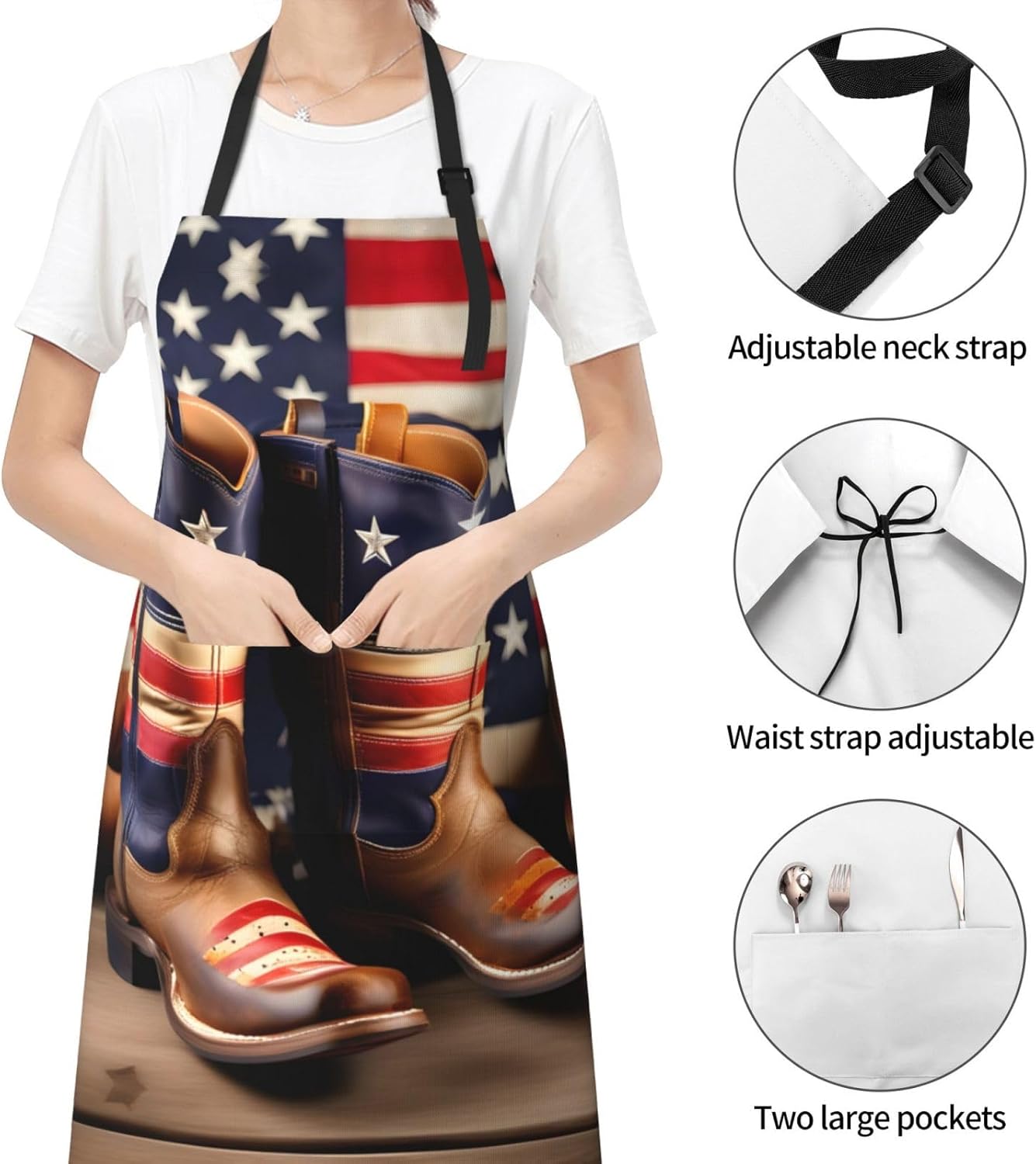 American Flag with Cowboy Boots Print Laundry apron 28x33 In Waterproof Kitchen Apron with Pockets for Cooking Baking