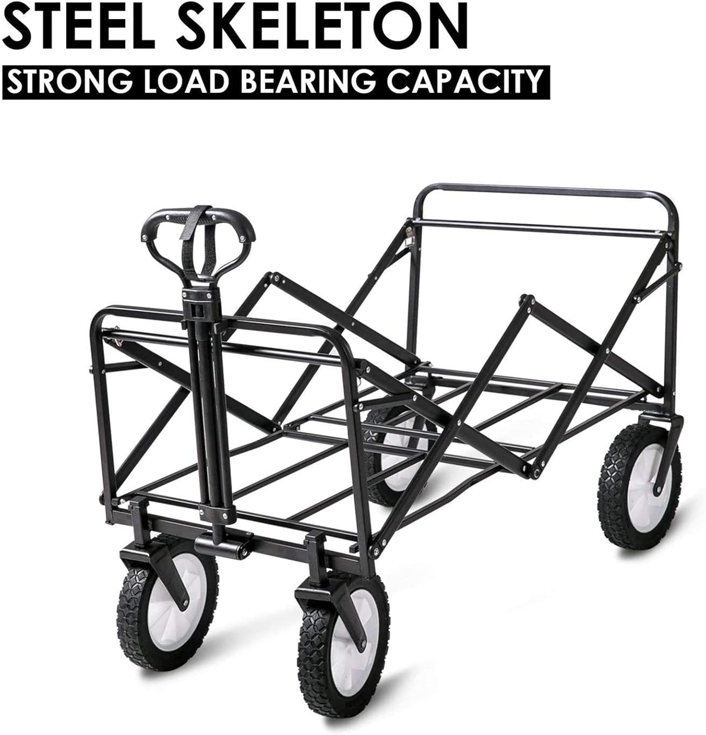 Heavy Duty Collapsible Garden Trolley Cart, Foldable Utility Wagon for Outdoor Camping & Gardening, 80KG Capacity, Adjustable Handle & Universal Wheels, Black