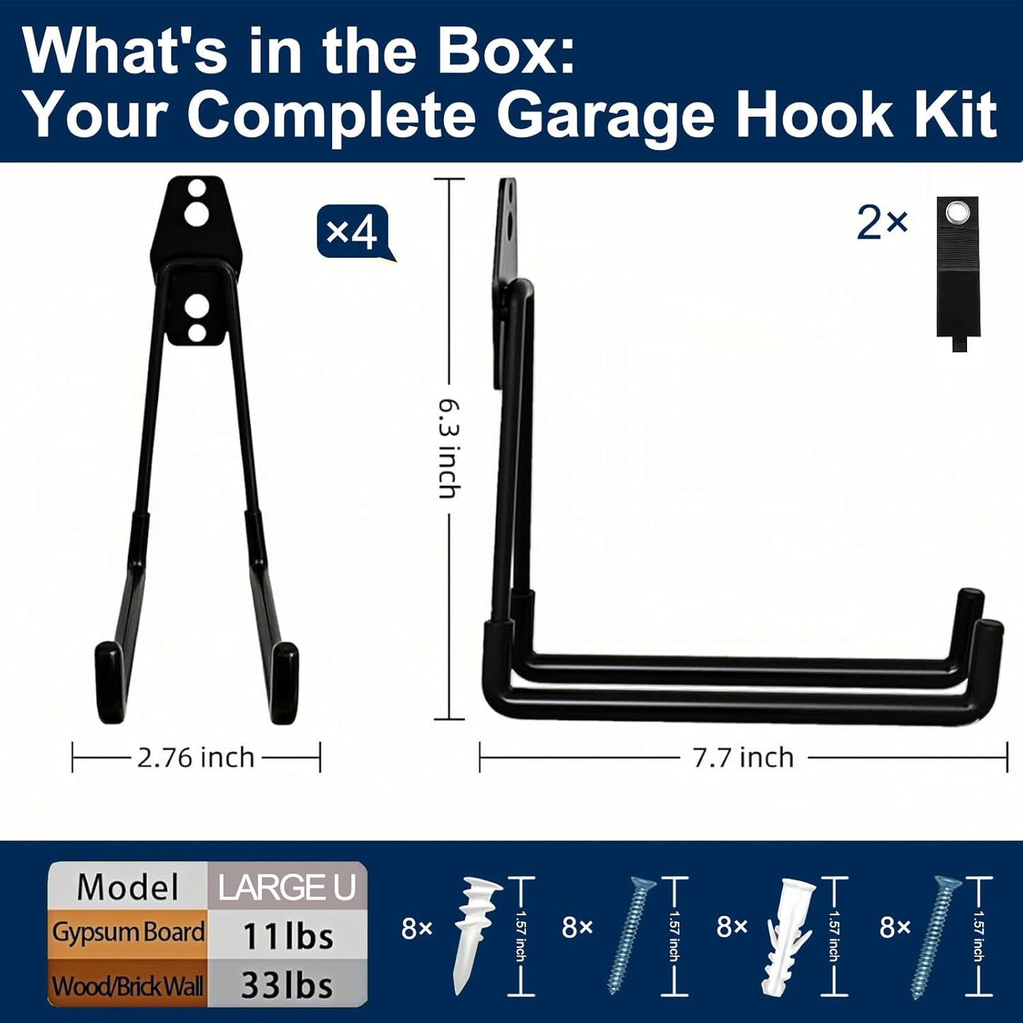 4 Pack Heavy Duty Garage Hooks with 2 Extension Cord Organizer Straps, 7.7 Inch Long Utility Hangers Wall Mount for Ladder, Bikes, Garden Tools, Hose, Ski Storage, Maximize Vertical Space