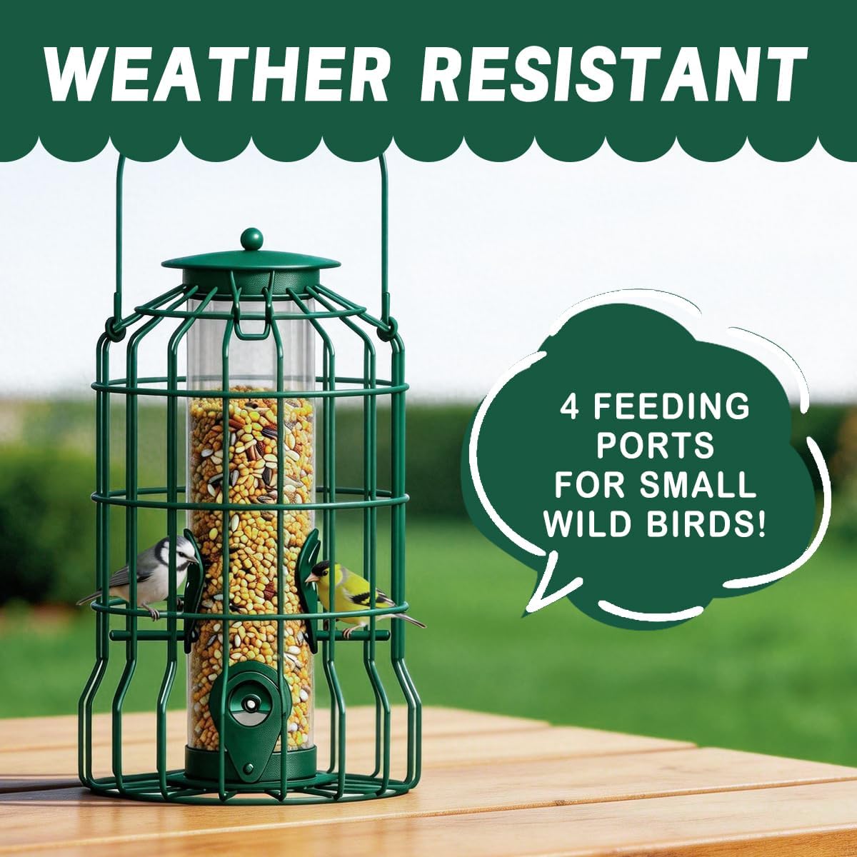 Squirrel Proof Bird Feeder Metal Caged Bird Feeder with Rain Proof Covered for Wildbirds Finches Bluebird, 4 Feeding Ports Wild Small Birds Rainproof Station for Garden Yard Seed Easy Clean