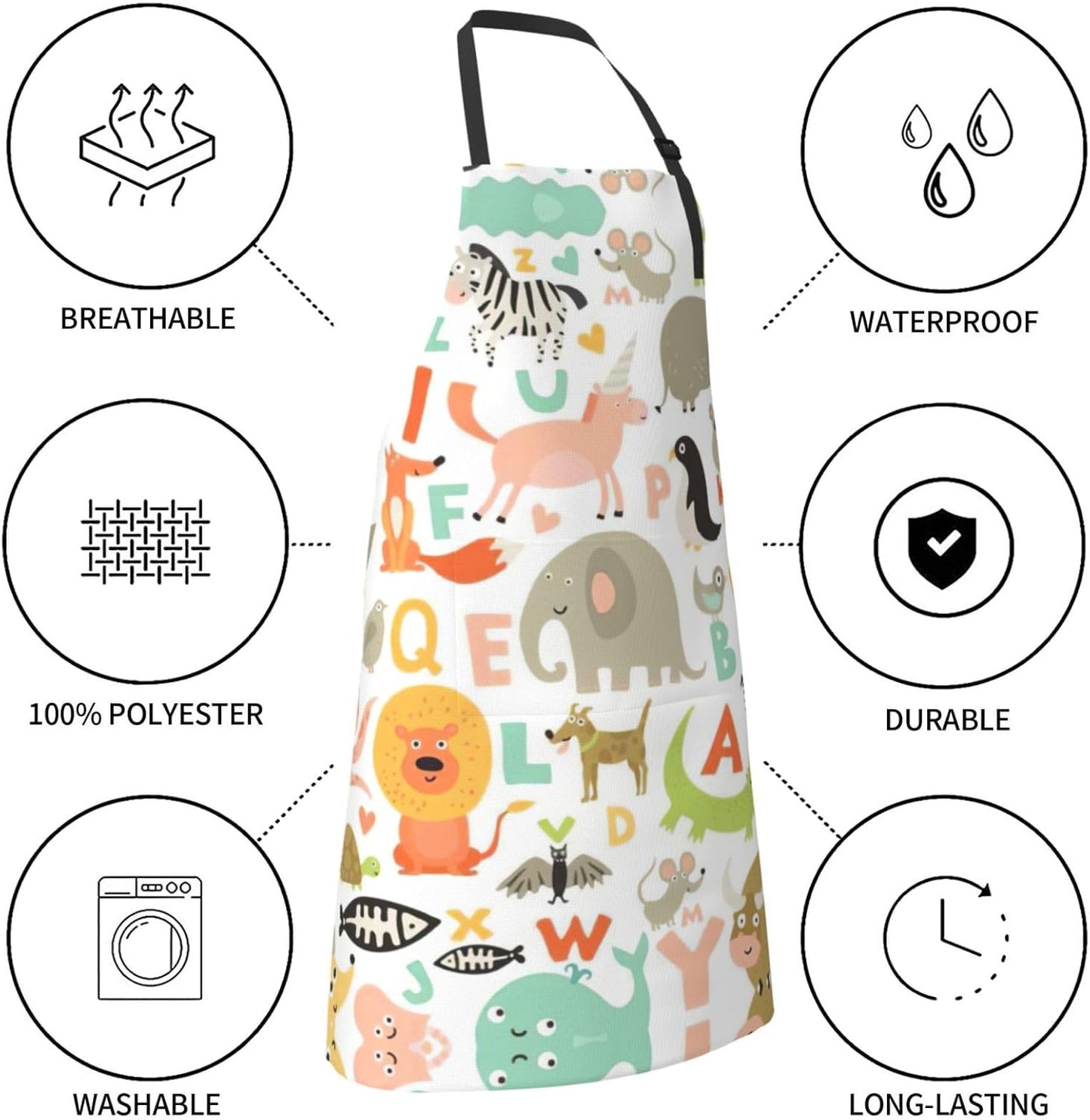 Zoo Alphabet Animal Print Laundry apron 28x33 In Waterproof Kitchen Apron with Pockets for Cooking Baking