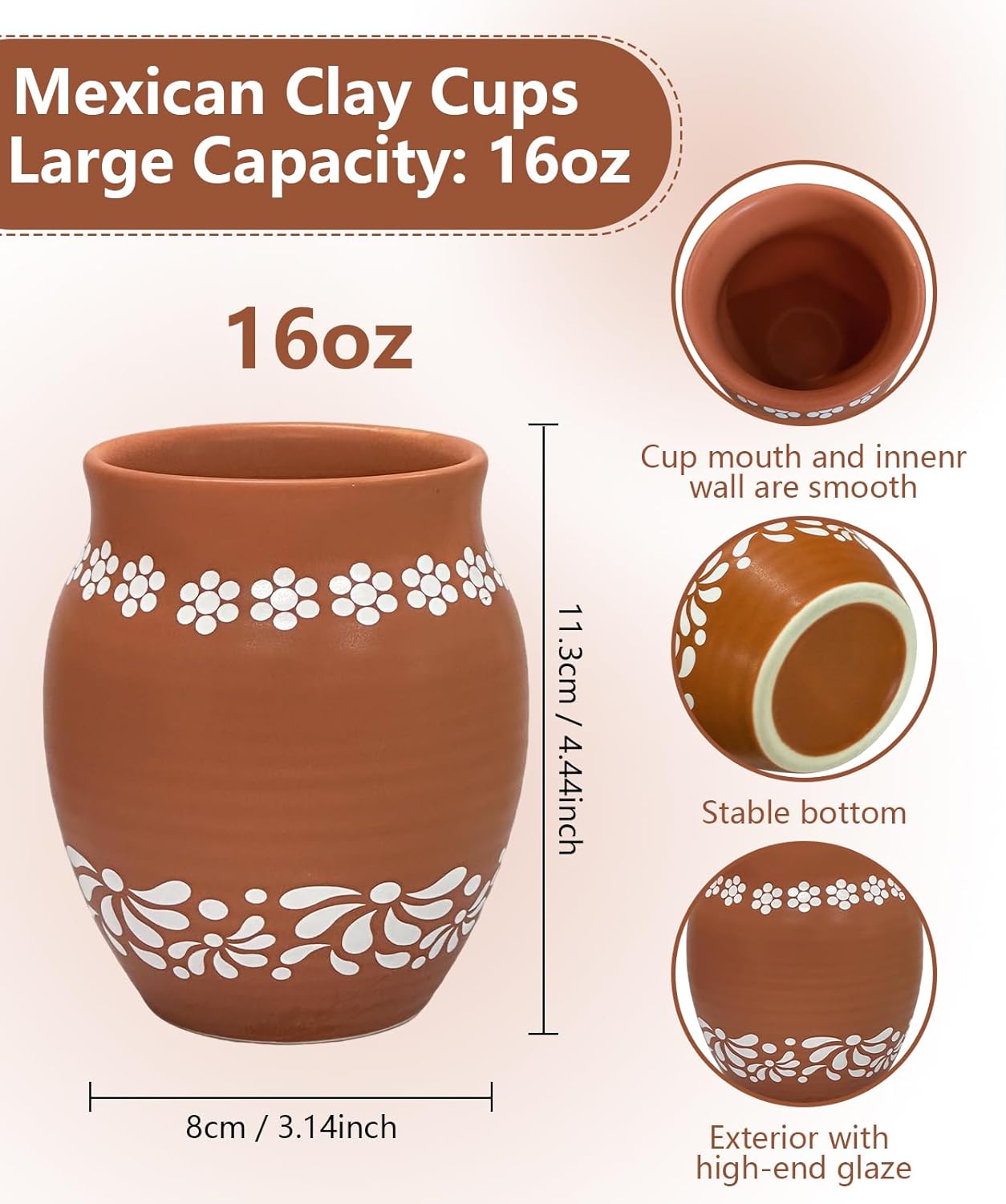 Mexican Style Ceramic Small Vases, 6-Pack Pink Flower Pots with Hand-Painted Daisy & Leaf Patterns, 16oz Decorative Vases for Home Decor, Party Centerpieces, Succulents & Crafts (Brown)