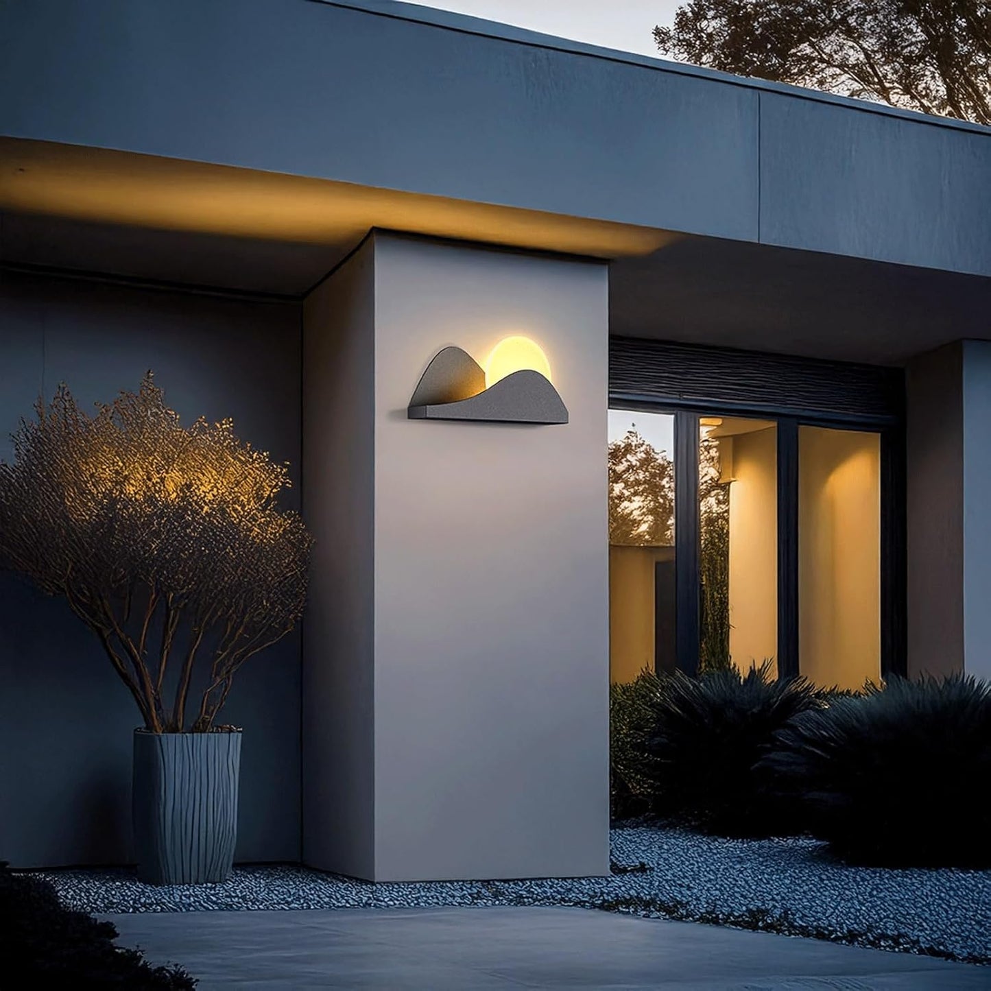 Solar Outdoor Wall Light, Mountain Design Wall Lamp, IP65 Waterproof 3000K LED Flash Grey Stainless Steel Wall Mounted Fixture with Acrylic, Exterior Wall Sconce for Garden, Patio, Fence(Large)